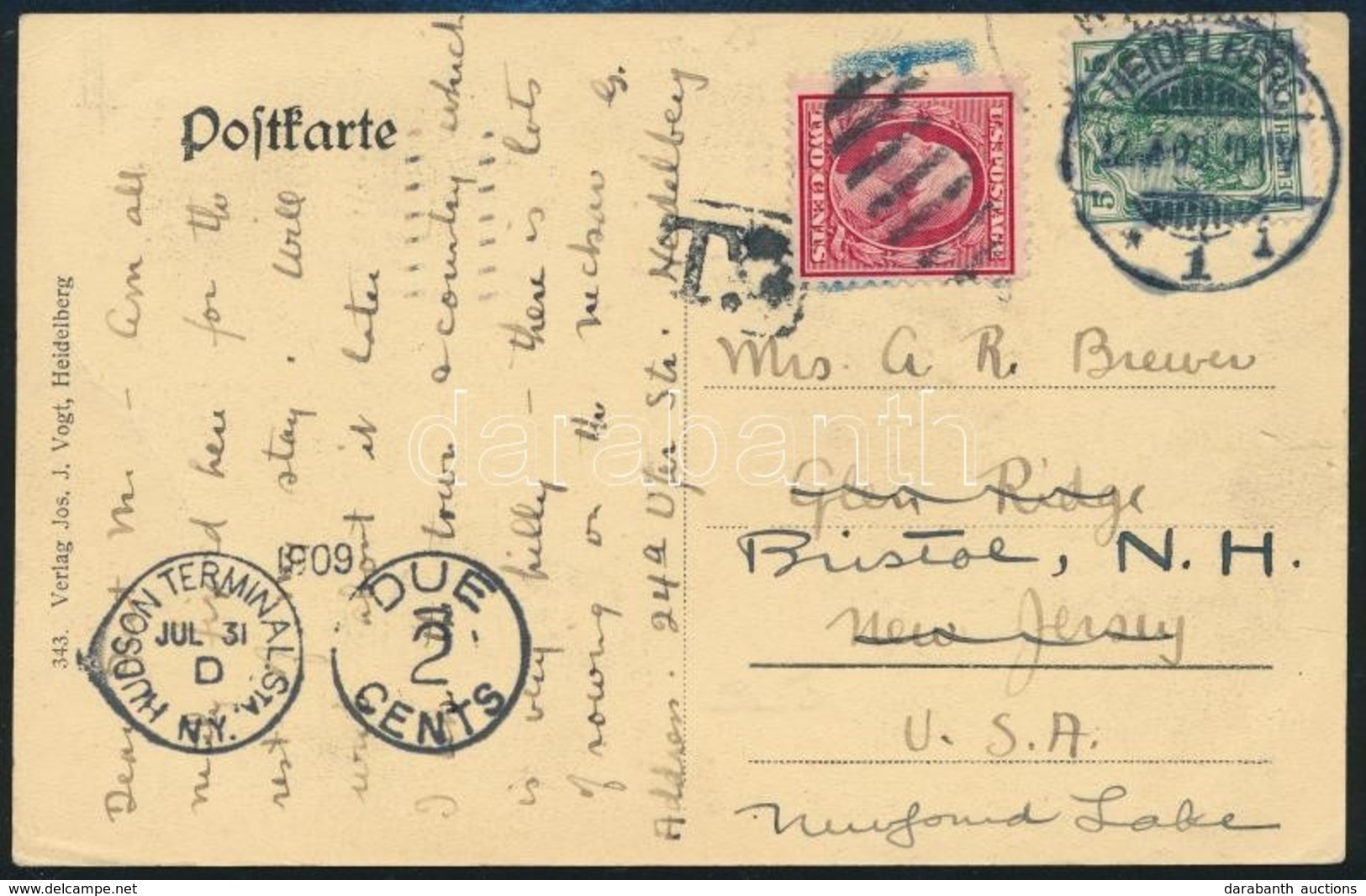 1909 Képeslap Az USA-ba, Továbblüldve, Portózva / Postcard To The USA, Redirected, With Postage Due - Autres & Non Classés
