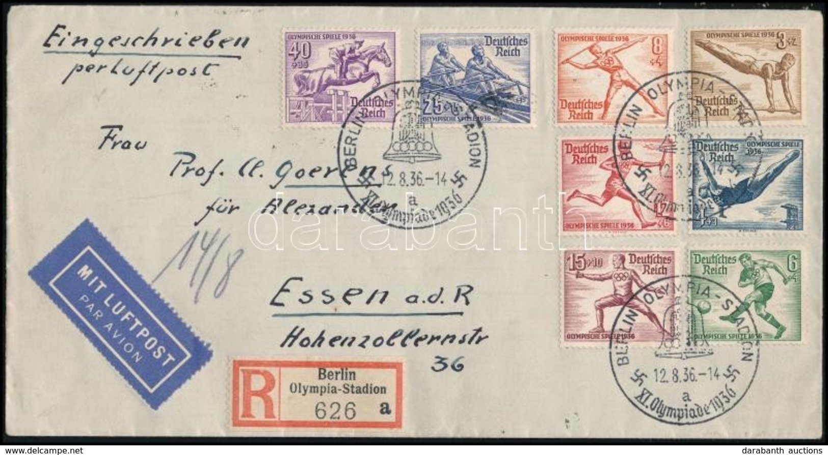 1936 Ajánlott Légi Levél Olimpia Sor Bérmentesítéssel és Alkalmi Bélyegzéssel / Mi 609-616 On Registered Airmail Cover - Autres & Non Classés