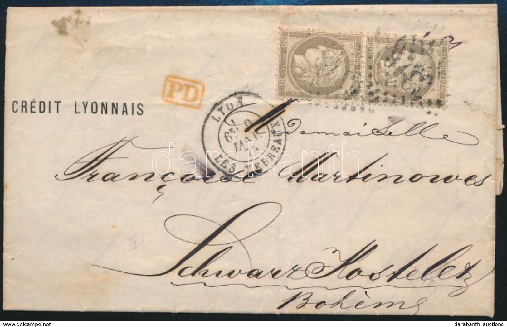 1875 Levél Lyonból,
Cover From Lyon To Bohemia - Other & Unclassified