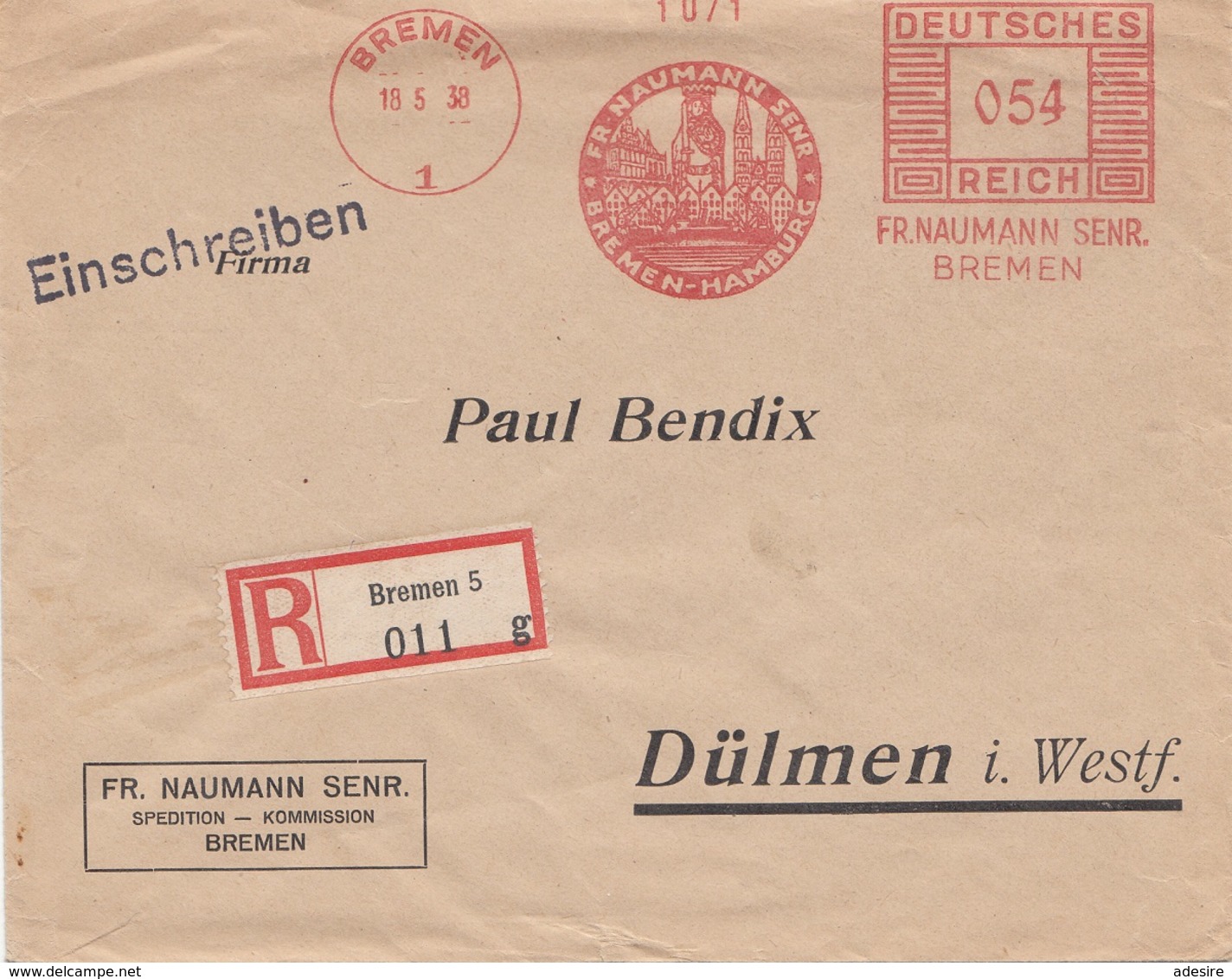 DEUTSCHES REICH 1938 - 054 Pf Aufdruck Auf RECO-Firmen-Brief Gel.v. Bremen - Dülmen - Briefe U. Dokumente