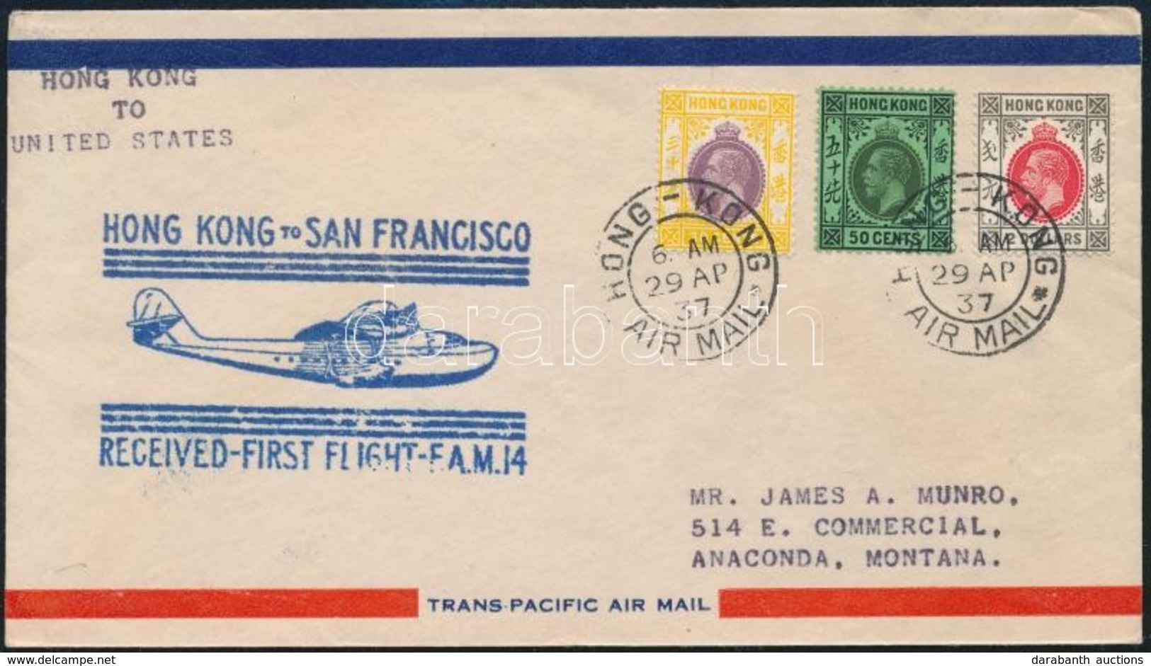 1937 Első Repülés Levél / First Flight Cover 'HONG KONG' - 'SAN FRANCISCO' - Autres & Non Classés
