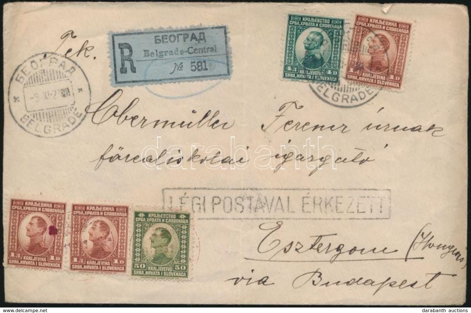 1923 Ajánlott Légi Levél Belgrádból Esztergomba / Registered Airmail Cover To Hungary - Autres & Non Classés