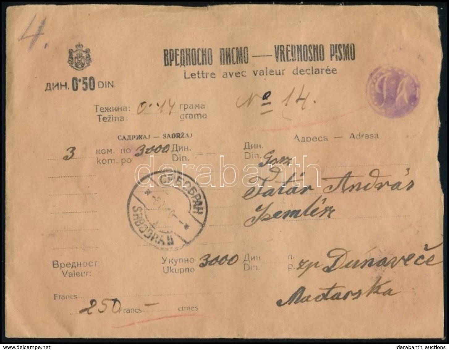 1930 Pénzes Levél Szabadkáról Dunavecsére / Insured Cover - Autres & Non Classés