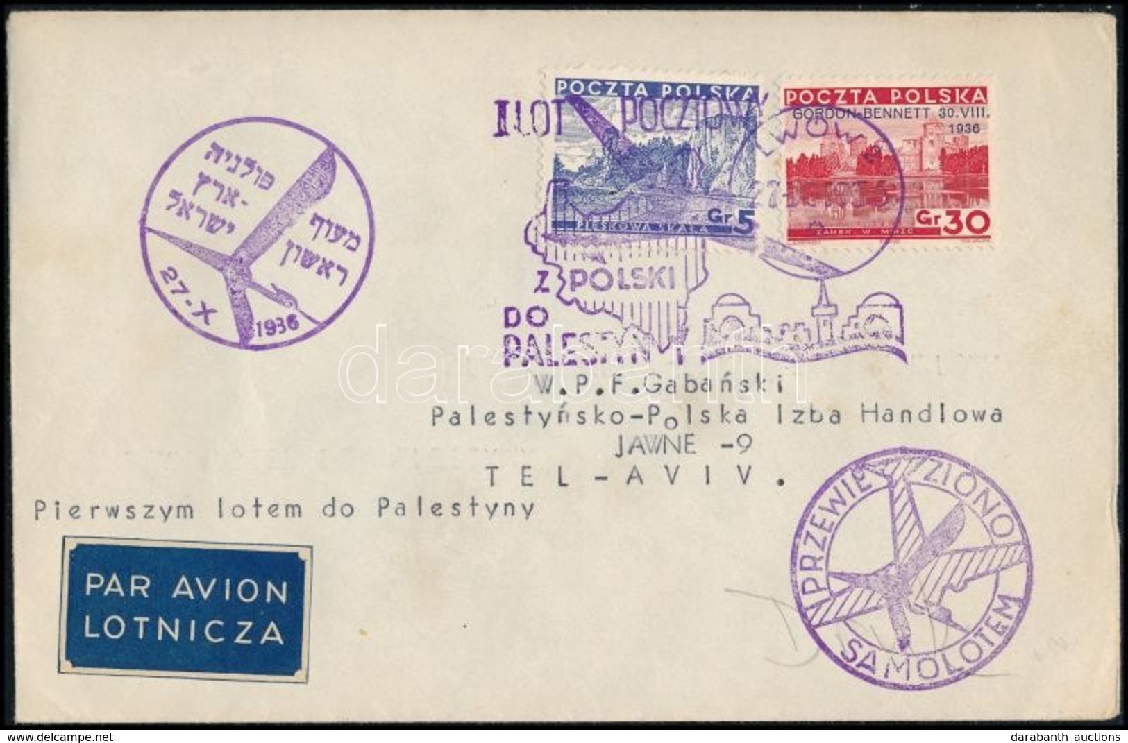 1936 Légi Levél Első Repülés Alkalmi Bélyegzéssel / Airmail Cover With First Flight Cancellation To Tel Aviv - Autres & Non Classés