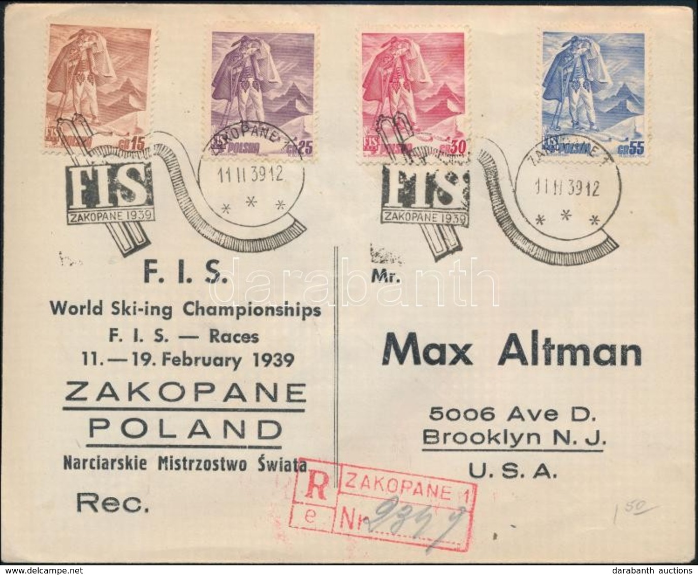 1939 Ajánlott Levél Az Egyesült Államokba Sí Világbajnokság Bélyegzéssel / Registered Cover To The USA With Special Canc - Autres & Non Classés