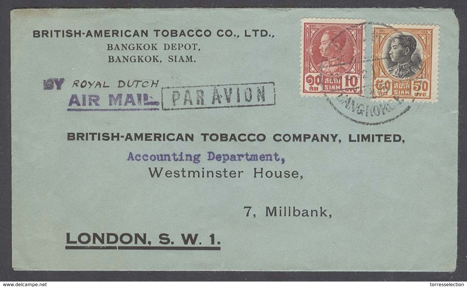 SIAM. 1932 (14 March). BKK - UK. Air Dutch Mail Fkd Env 3 Air Pmks. Fine. - Siam