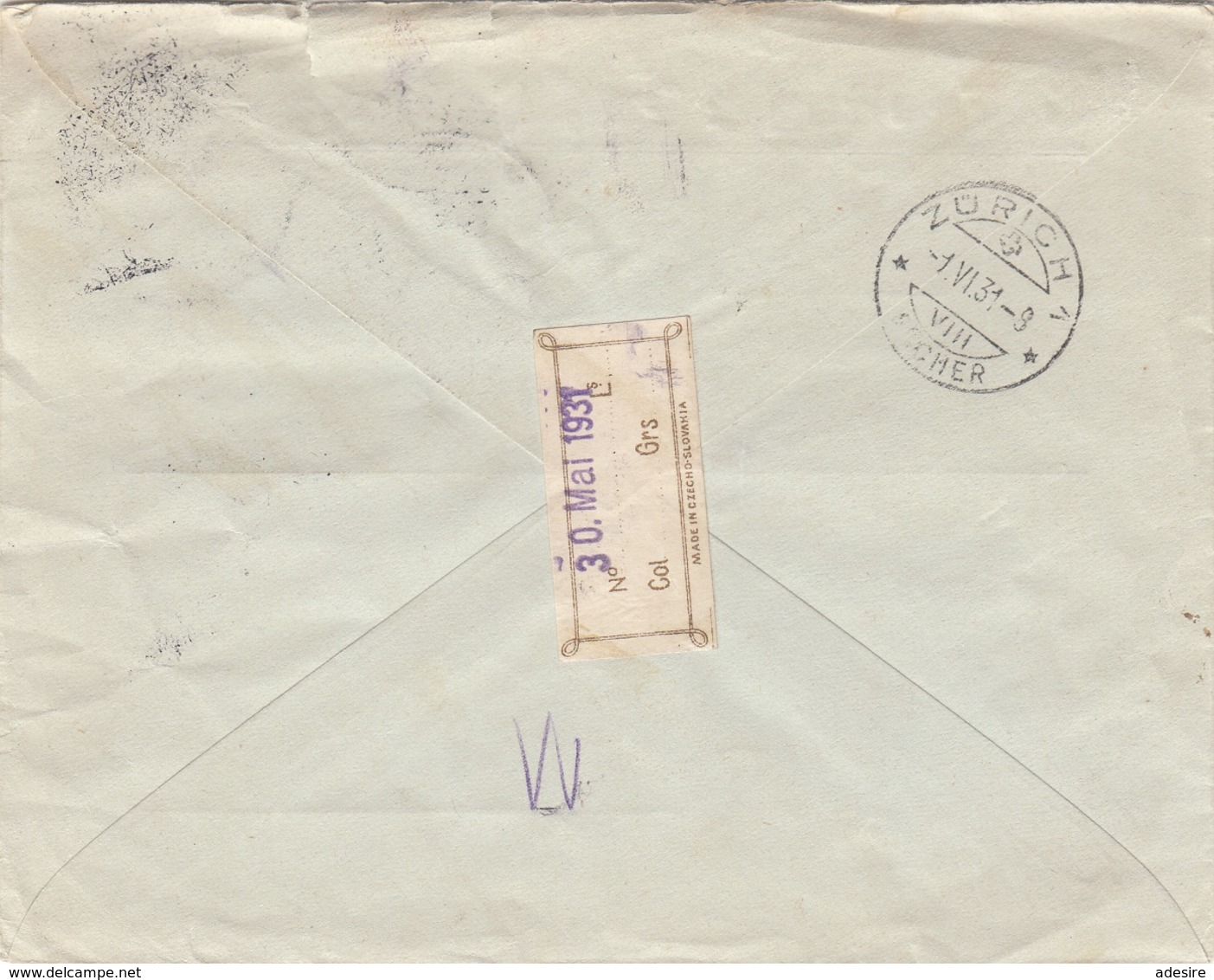CESKOSLOVENSKO - 5 Fach Frankierung Auf RECO-Firmen-Brief Gel.1931 V. Gablonz - Zürich - Briefe U. Dokumente