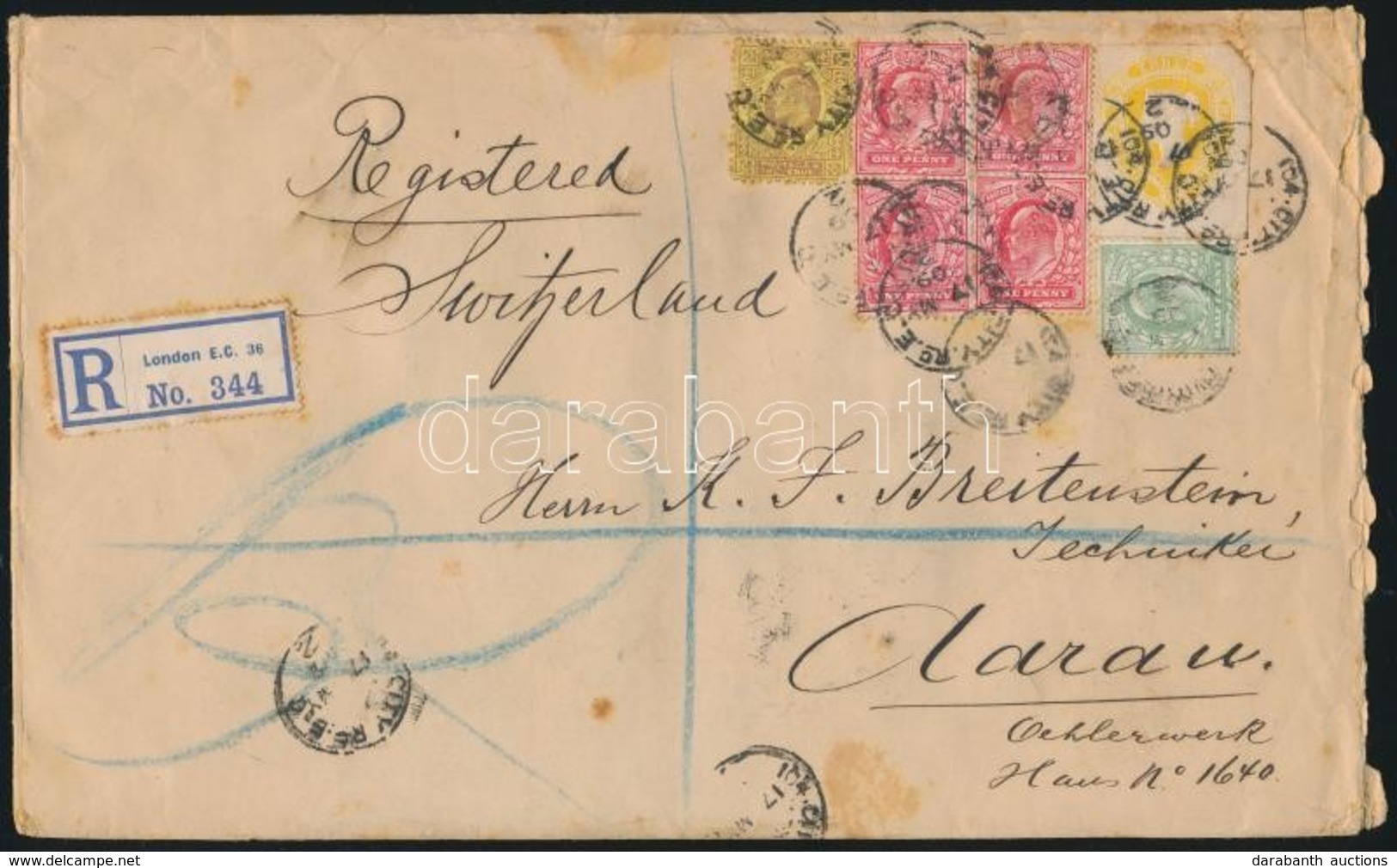 1909 Ajánlott Levél Svájcba  Díjjegy Kivágással és 6 Db  Bélyeggel Bérmentesítve / Registered Cover To Switzerland Frank - Other & Unclassified