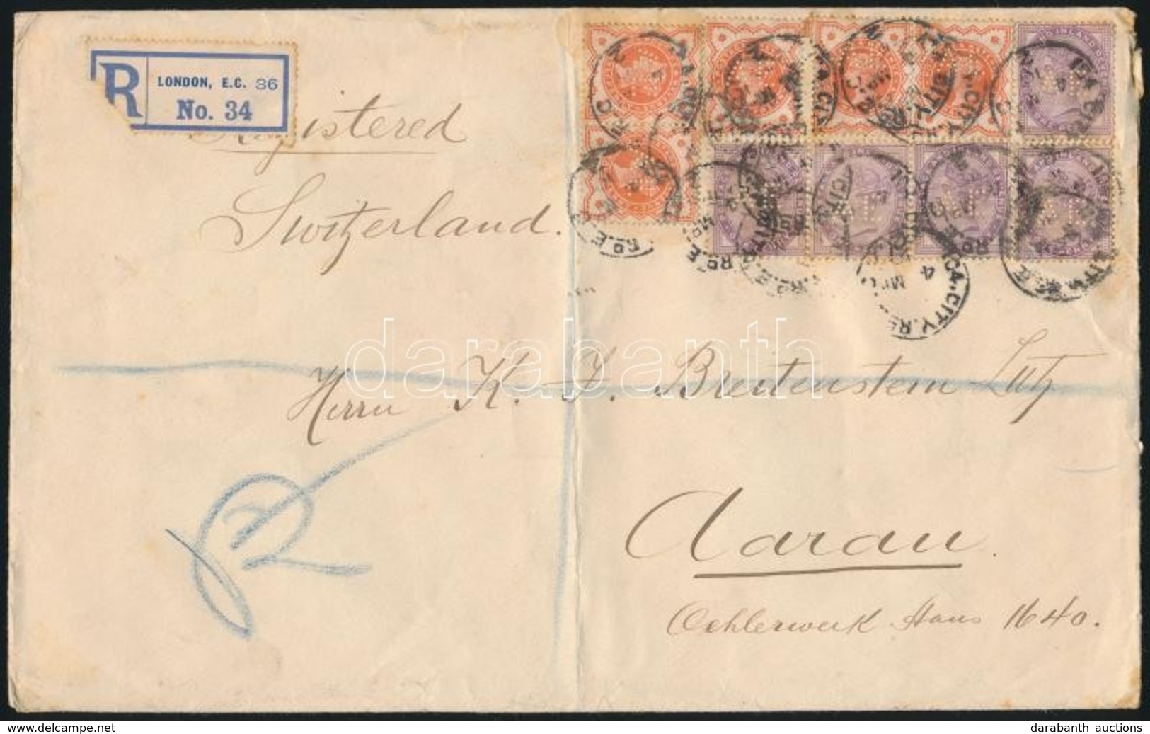 1910 Ajánlott Levél Svájcba 10 Db Céglyukasztásos Bélyeggel Bérmentesítve / Registered Cover To Switzerland Franked With - Autres & Non Classés