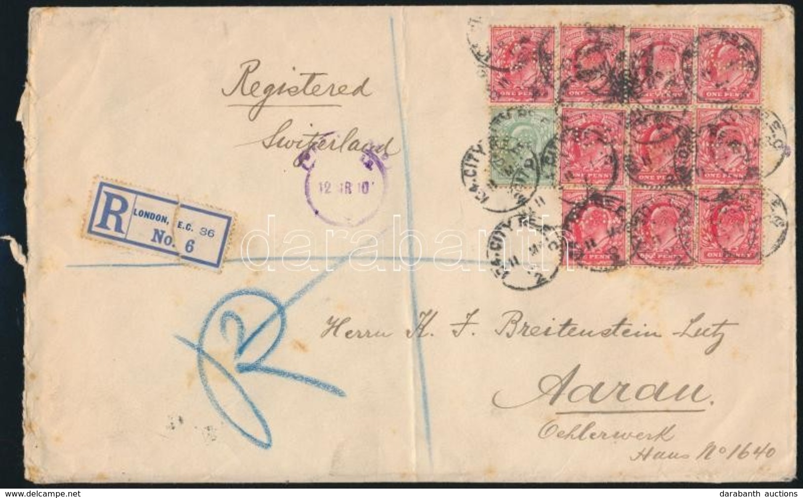 1910 Ajánlott Levél Svájcba 11 Db Céglyukasztásos Bélyeggel Bérmentesítve / Registered Cover To Switzerland Franked With - Autres & Non Classés