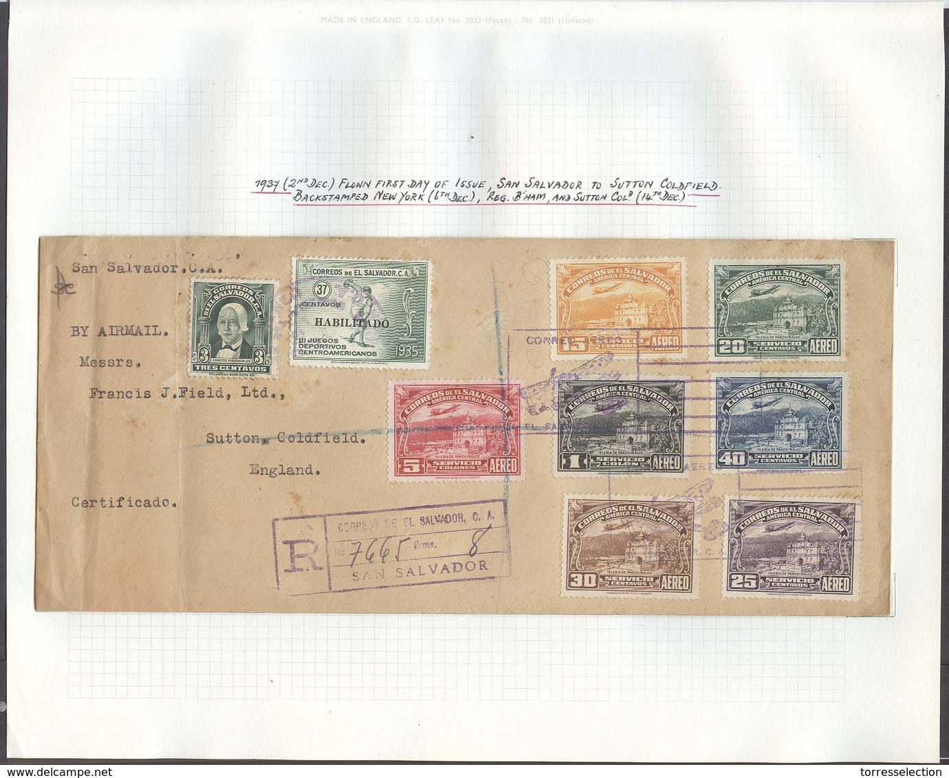 SALVADOR, EL. 1937 (2 Dec). SS - UK (14 Dec). Reg Air Multifkd Env B High Rate Incl 1 Colon Stamp. - El Salvador