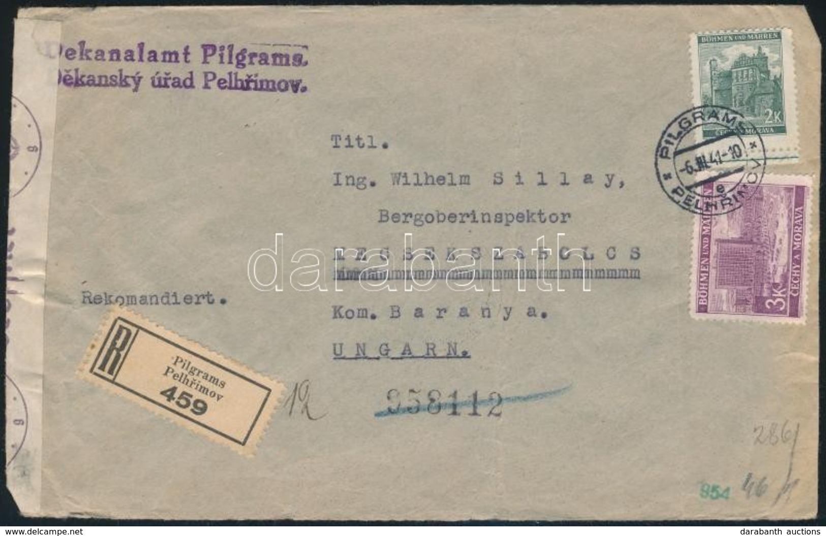 Böhmen Und Mähren 1941 Ajánlott Levél Mecsekszabolcsra, Cenzúrázva / Registered, Censored Cover To Hungary - Autres & Non Classés