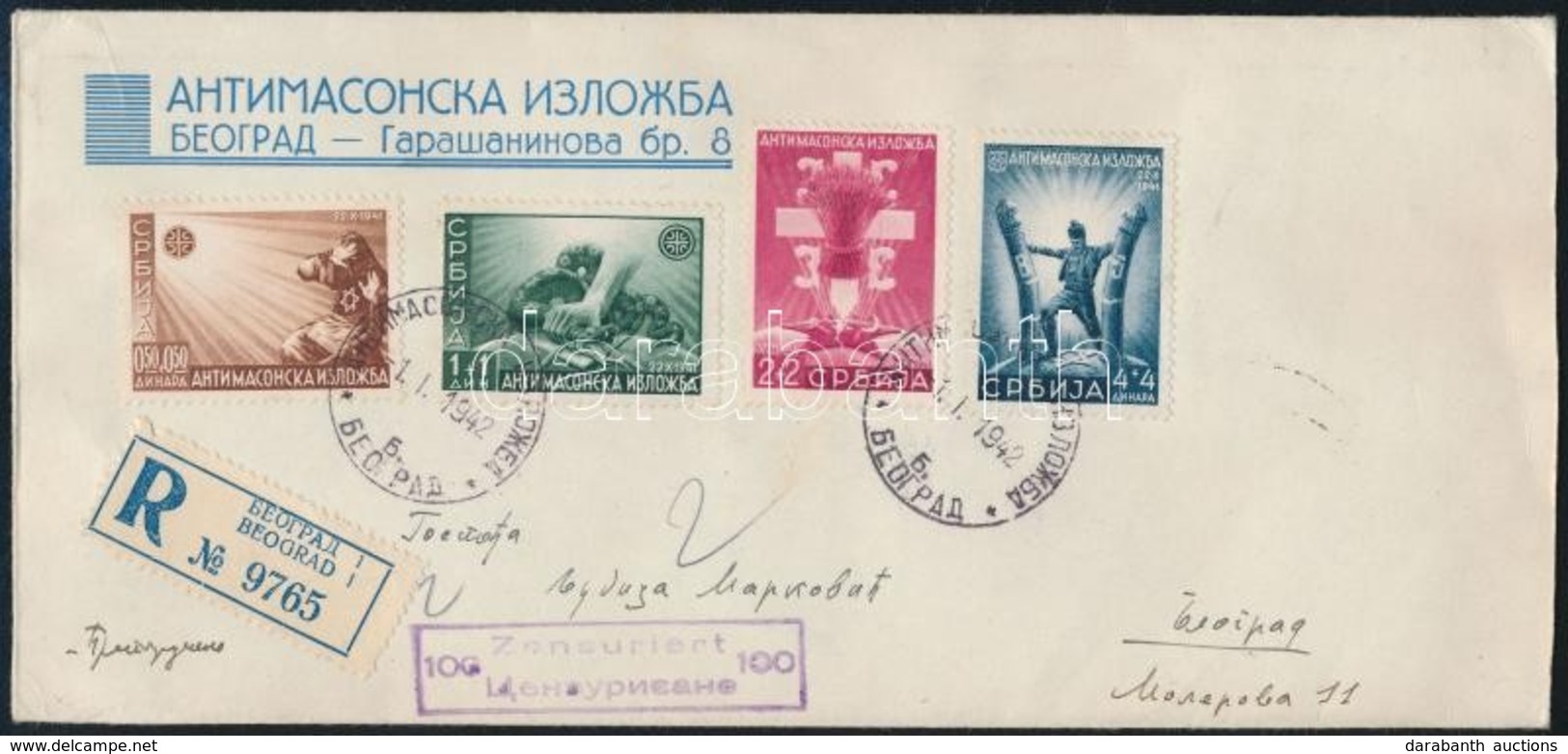 Szerbia 1941 Szabadkőműves Ellenes Kiállítás Cenzúrás Ajánlott Helyi FDC / Serbia Mi 58-61 Censored Local FDC - Sonstige & Ohne Zuordnung