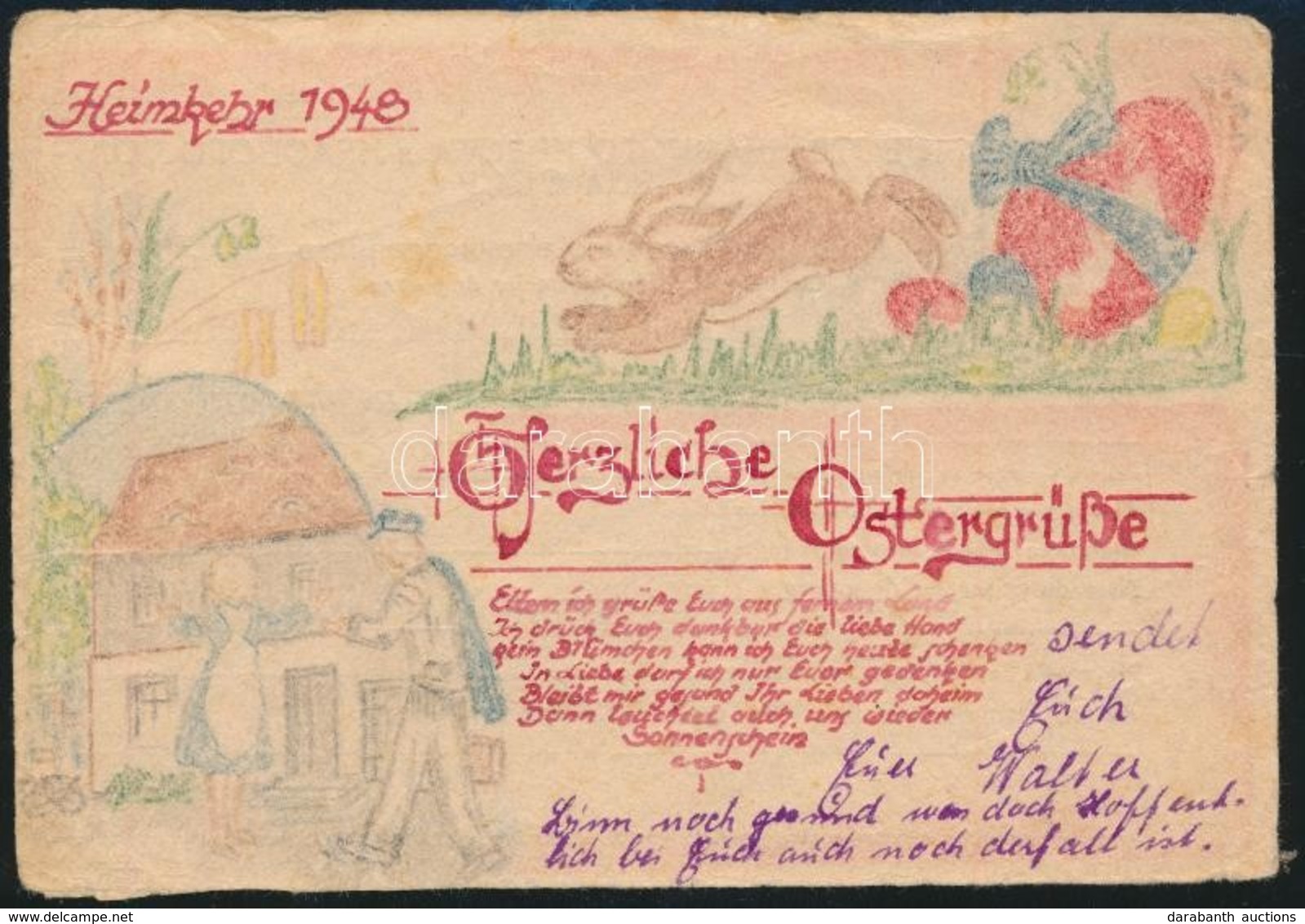 1948 Német Hadifogoly Rajzos Húsvéti üdvözlőlapja A Szovjetunóból / Easter Postcard Of German POW From The USSR - Autres & Non Classés