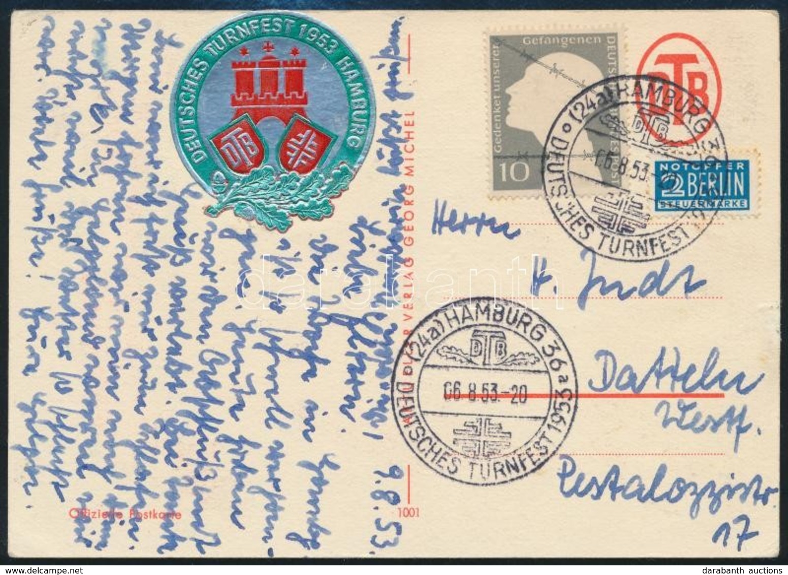 1953 Deutsches Turnfest Képeslap Alkalmi Bélyegzéssel és Levélzáróval / Postcard With Special Postmark And Label - Autres & Non Classés