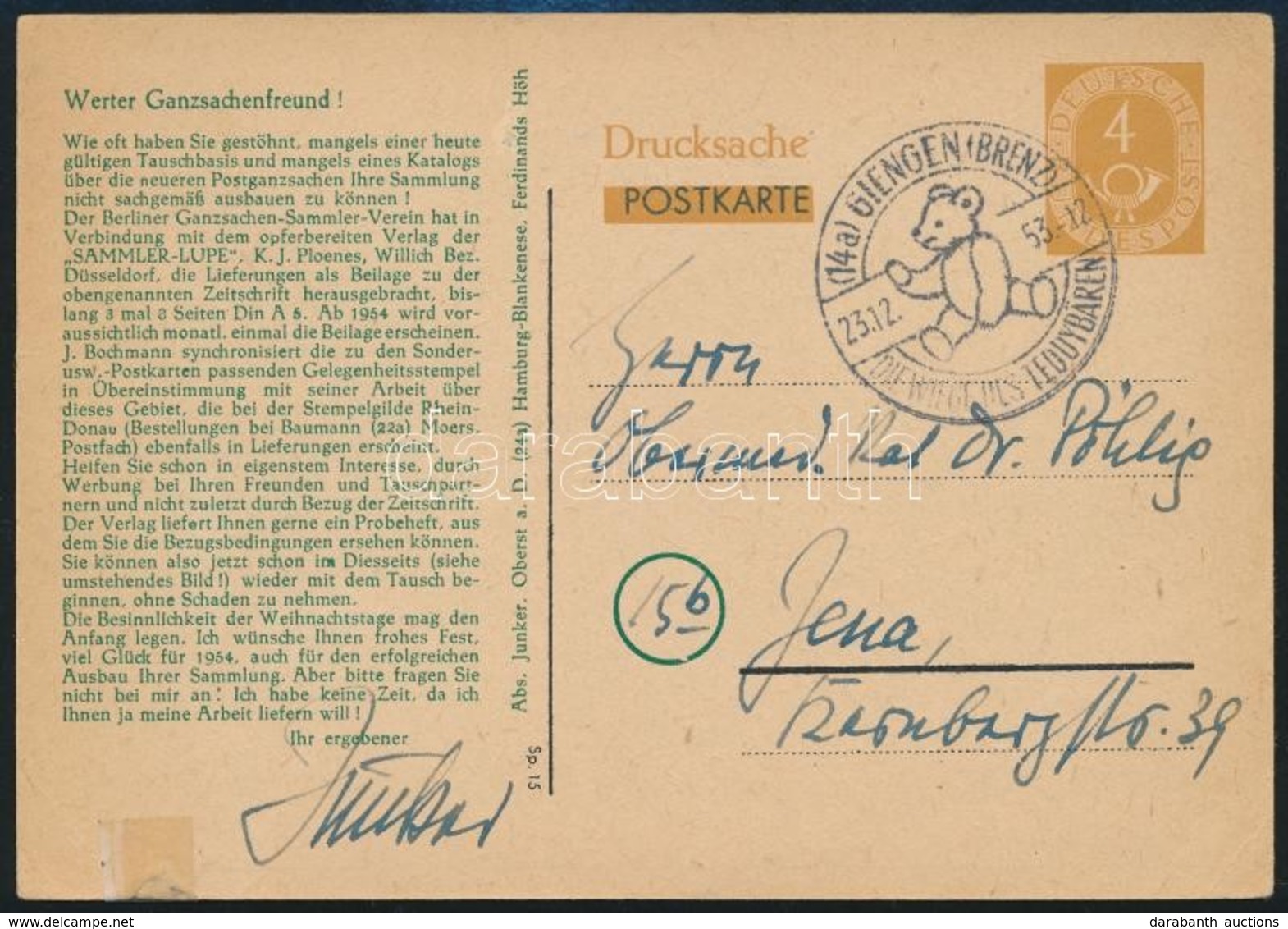 1953 Képeslap Teddy Macis Bélyegzéssel / Postcard With Teddy Bear In Postmark - Autres & Non Classés