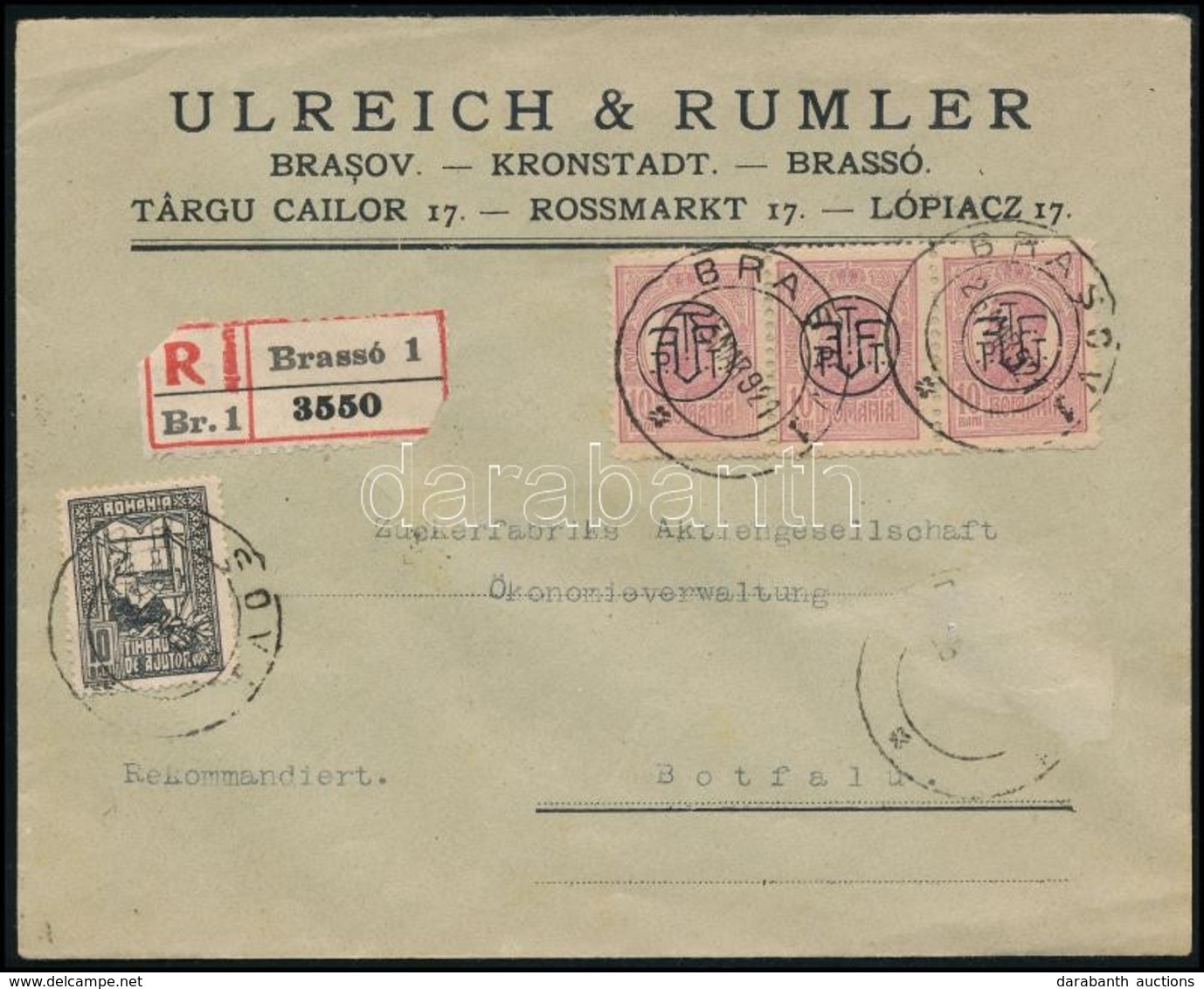 1921 Ajánlott Levél Magyar Ragjeggyel, 3 Bélyeges Bérmentesítéssel és Kényszerfelárbélyeggel / Registered Cover 'BRASSOV - Andere & Zonder Classificatie