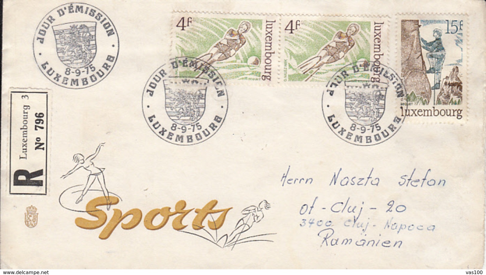 SPORTS, WATER SKIING, CLIMBING, FIGURE SKATING, REGISTERED SPECIAL COVER, OBLIT FDC, 1975, LUXEMBOURG - Waterski