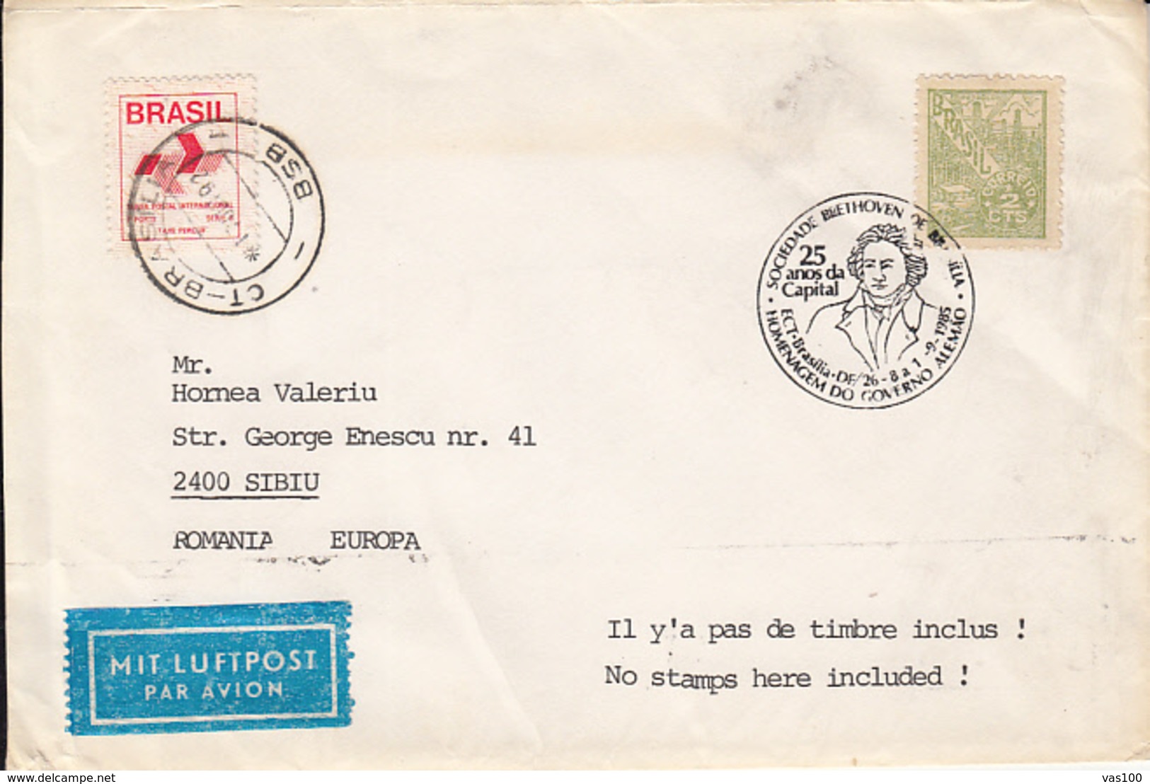 MUSIC, LUDWIG VAN BEETHOVEN, COMPOSER, SPECIAL POSTMARK ON COVER, 1985, BRAZIL - Musique