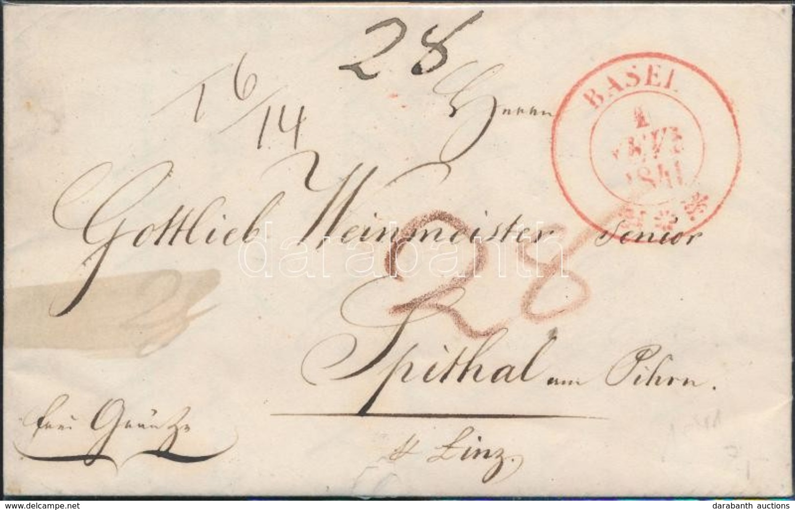 1841 Levél Piros Bélyegzéssel / Cover With Red 'BASEL' - Linz - Sonstige & Ohne Zuordnung