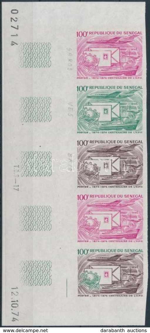 ** 1974 100 éves Az UPU Színpróba ívsarki üresmezős ötöscsíkban,
Centenary Of UPU Colour-proof In Empty Field Corner Str - Altri & Non Classificati