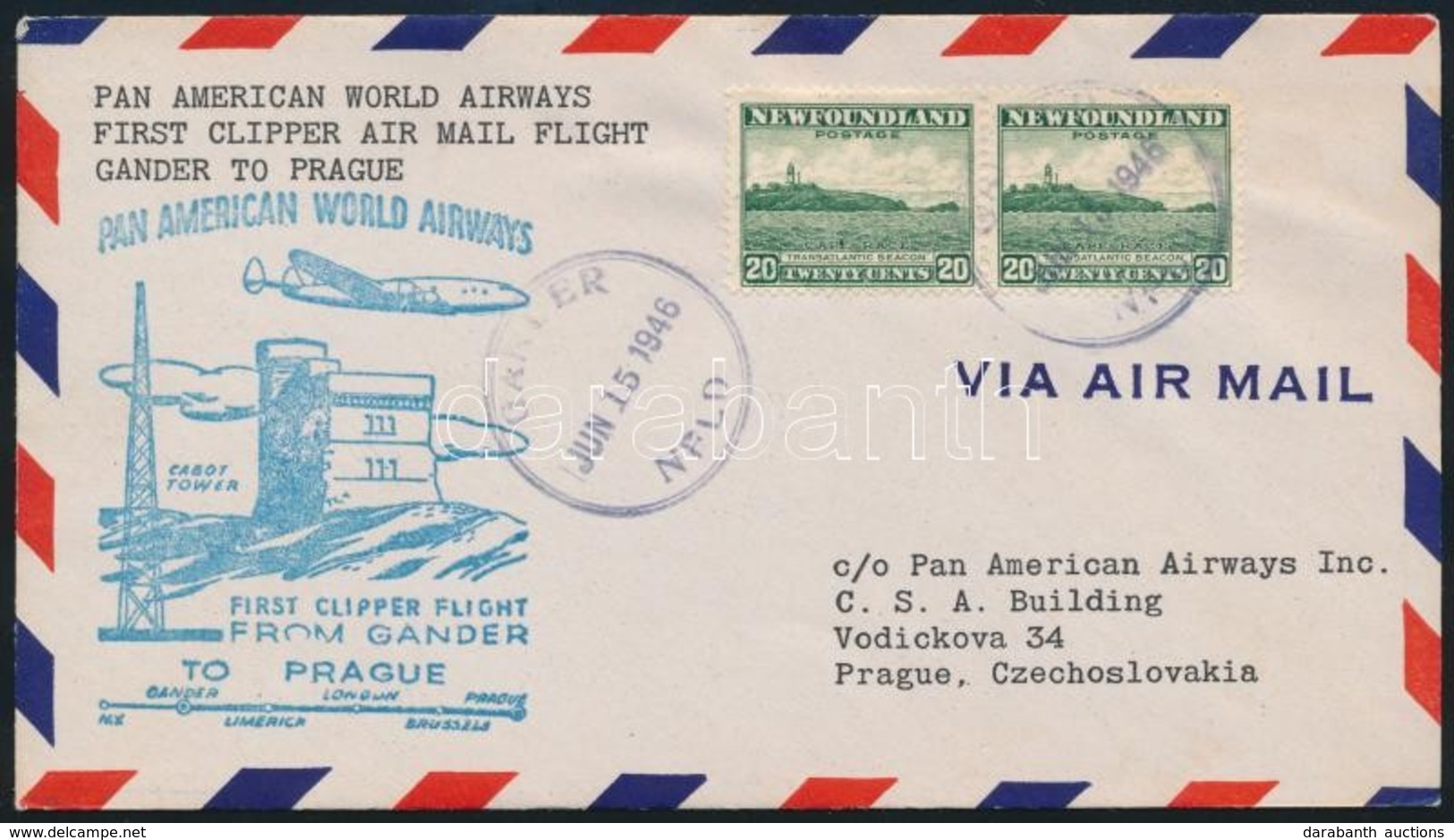 1946 Clipper Első Repülés Levél Prágába / First Clipper Flight Cover Gander - Prague - Autres & Non Classés