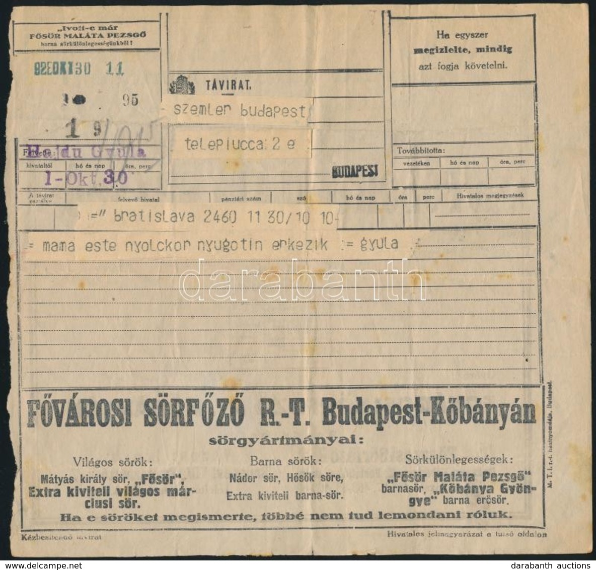 1928-1934 7 Db Távirat Képes- és Szöveges Reklámokkal / 7 Telegramms With Beer Advertisement - Other & Unclassified