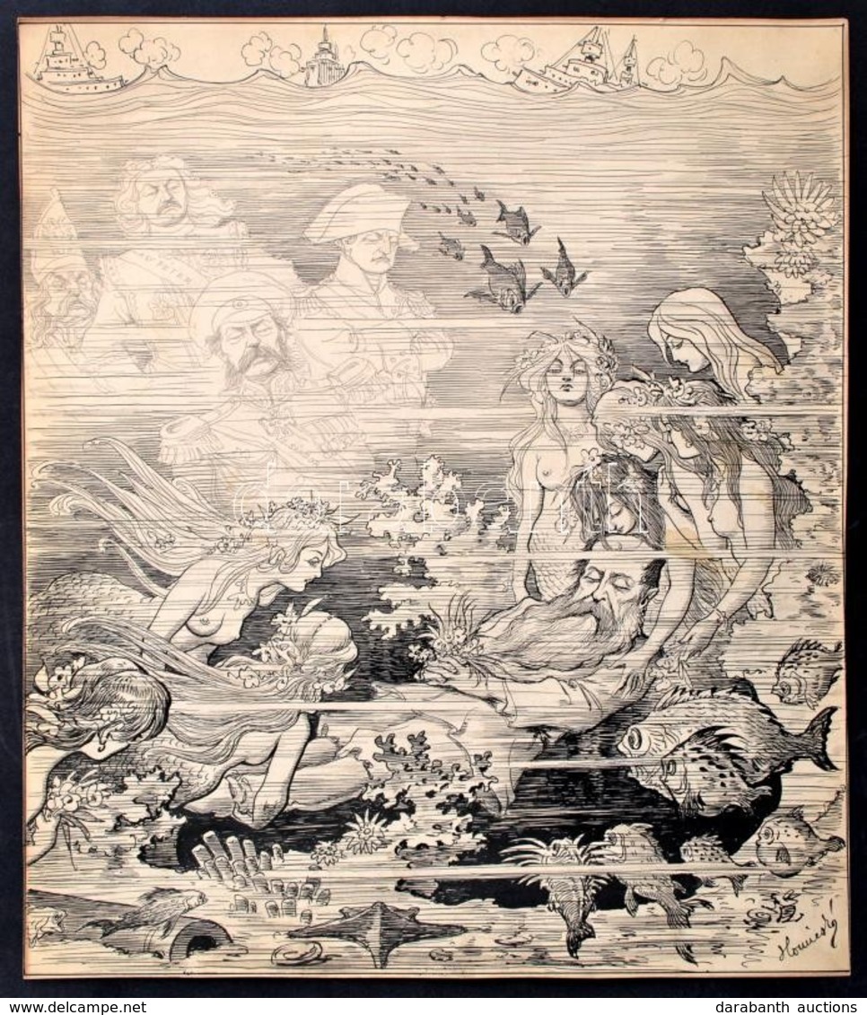 Homicskó Atanáz (1864-1916): Hullámsírban. Tus, Papír, Jelzett, 32×27 Cm - Autres & Non Classés