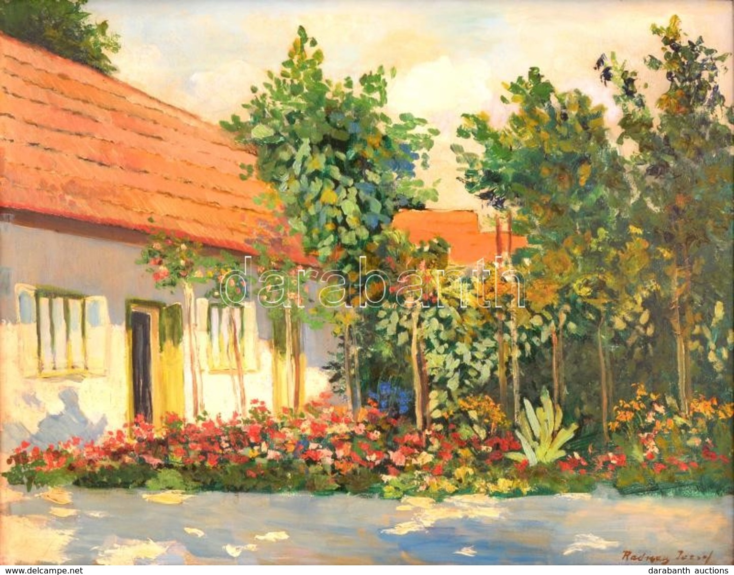 Radnay József (1896-1963): Házudvar Virágos Kerttel. Olaj, Karton, Jelzett, Keretben,  39×50 Cm - Sonstige & Ohne Zuordnung