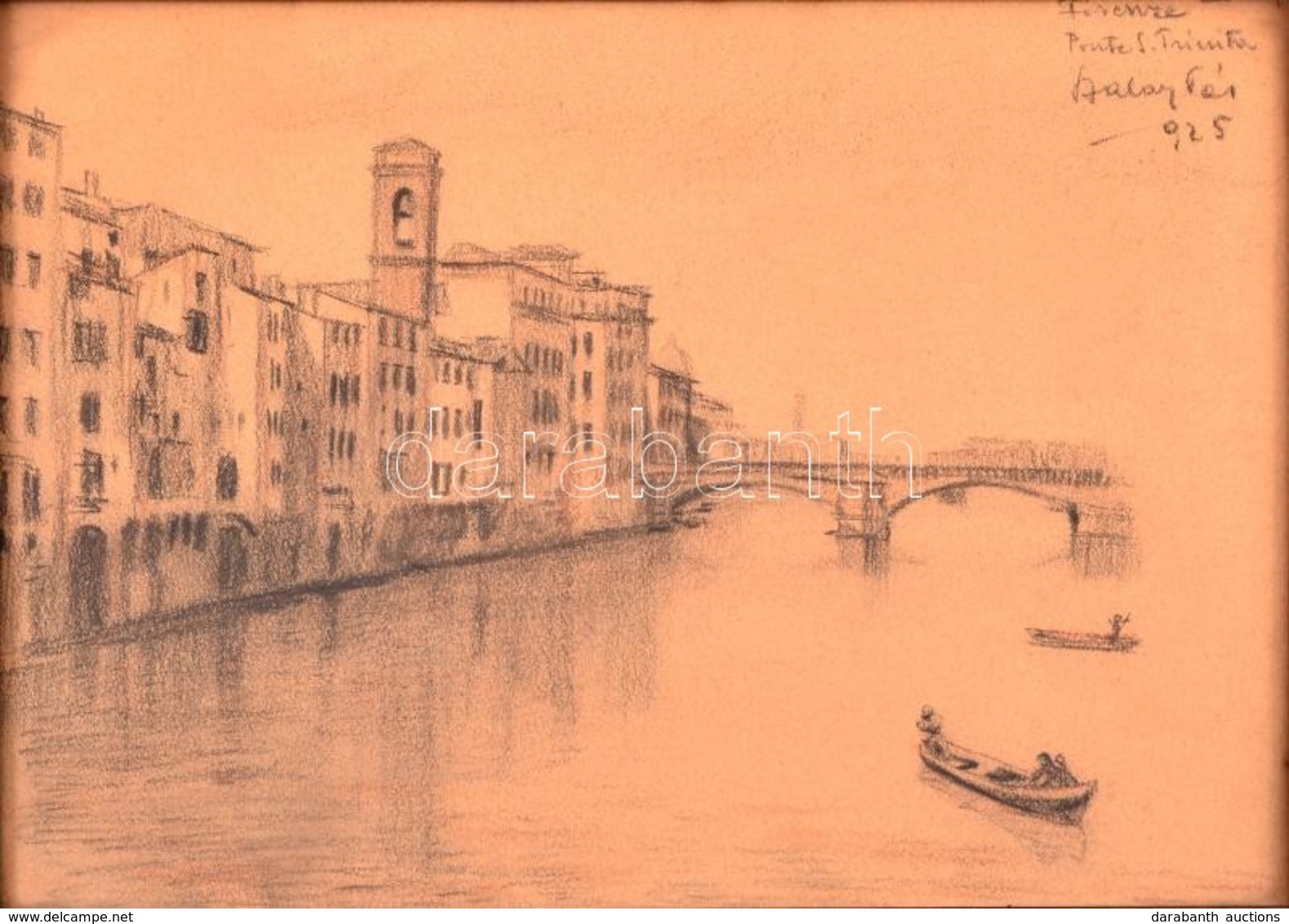 Szalay Pál (1891-1975): Firenze. 1925. Szén-színes Ceruza, Papír, Jelzett, üvegezett Keretben, 21×27 Cm - Autres & Non Classés