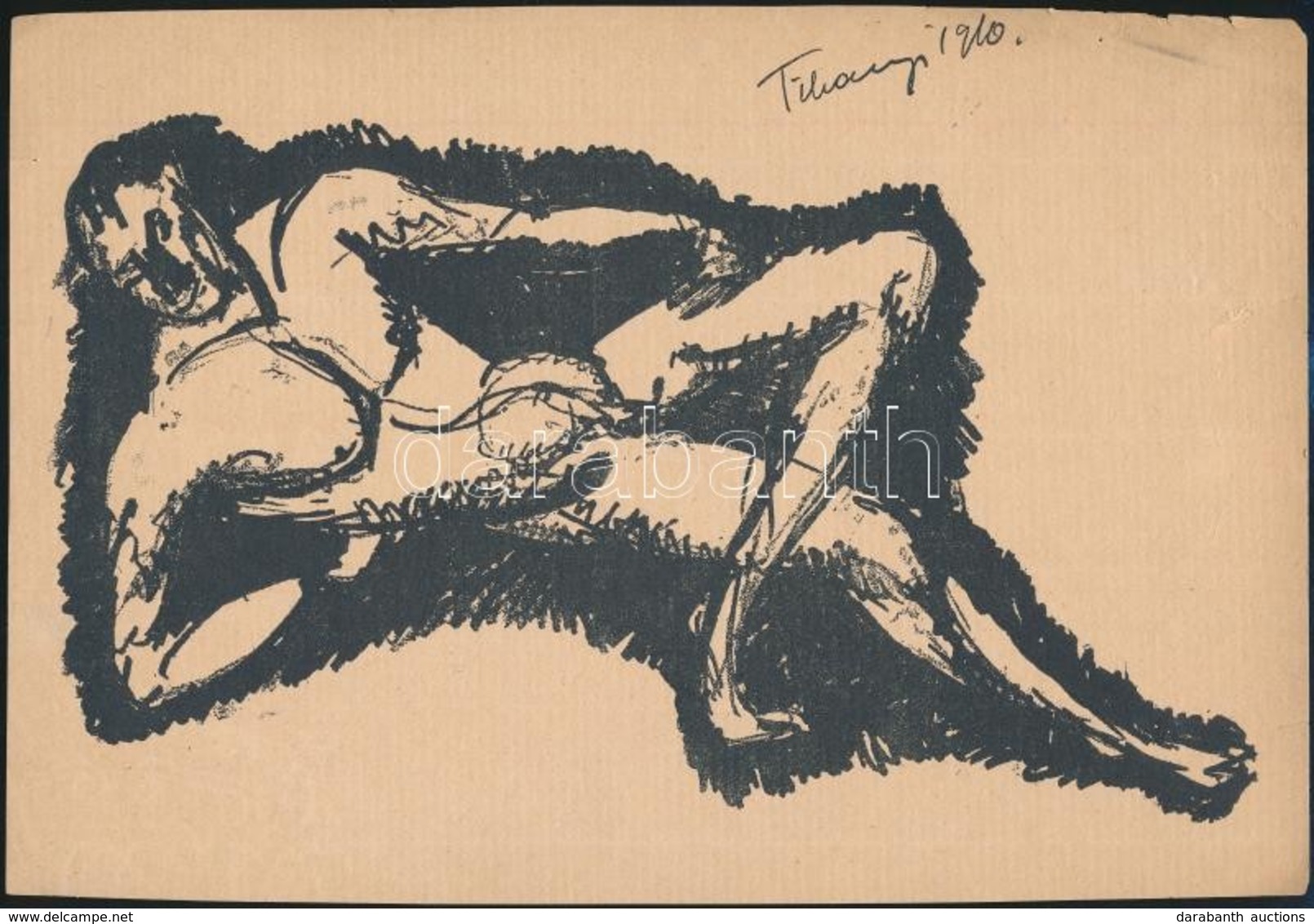 Tihanyi Lajos (1885-1938): Fekvő Férfi Akt 1910. Litográfia, Papír, Jelzett A Litográfián, 18×26 Cm - Other & Unclassified