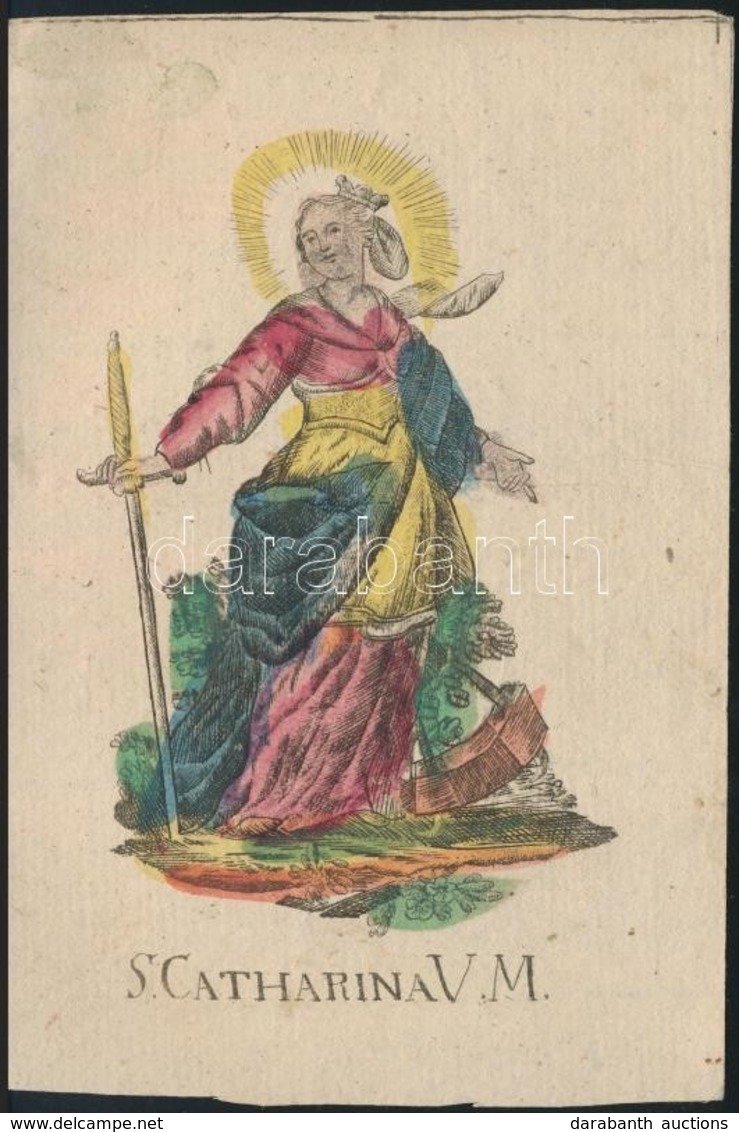 XVIII. Sz.: Szt Katalin. Szentkép. Színezett Rézmetszet. / St Catharina V.M. Colored Copper Plate Engraving 8x13 Cm - Stiche & Gravuren