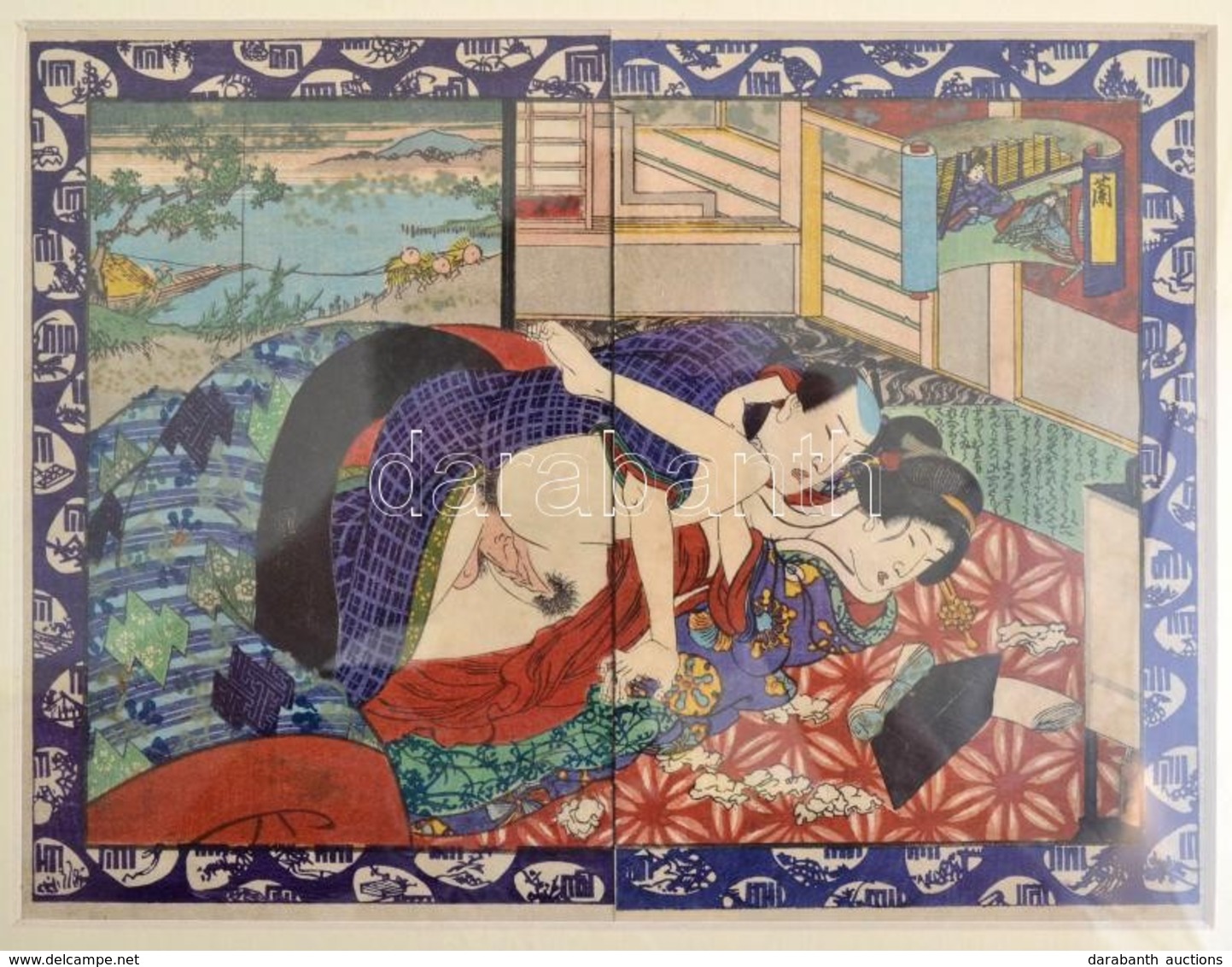 Cca 1840 Utagawa Iskola Shunga Erotikus Japán Fametszet 19x24 Cm üvegezett Keretben  / Ca 1840 Japan, Utagawa School. Er - Stiche & Gravuren