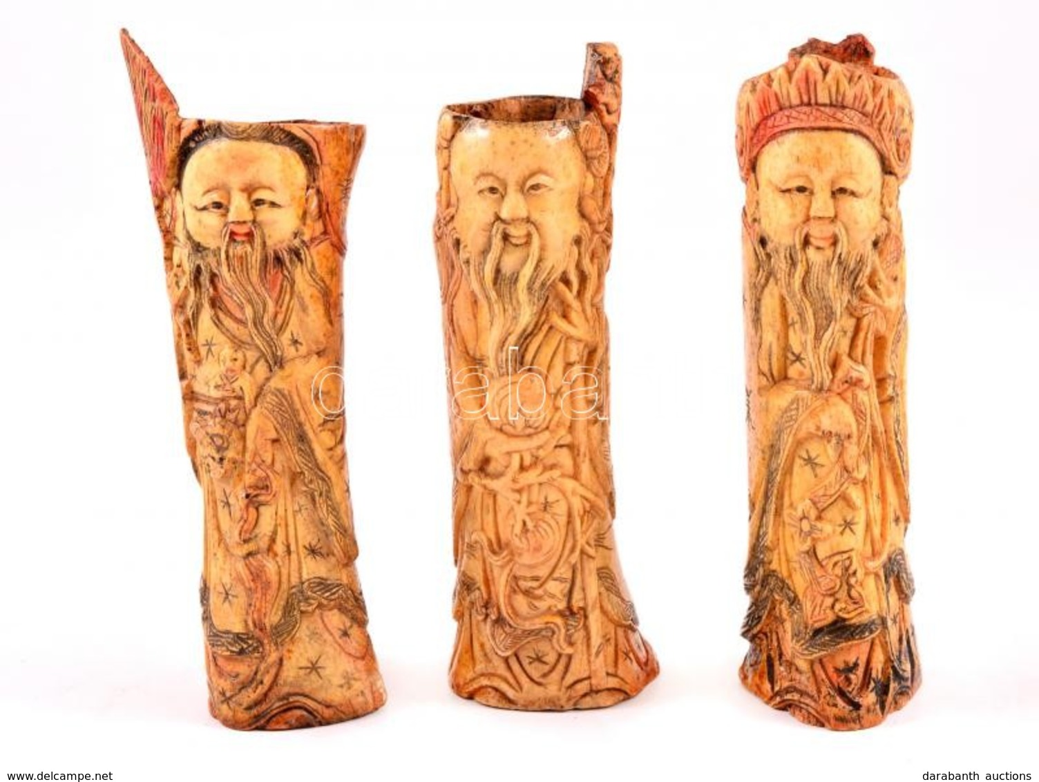 Cca 1900 A Három Kínai Szerencse Isten: Fu, Lu és Shou, Faragott Festett Csont, Kopás Nyomokkal, M: 13-15 Cm (3×) / The  - Other & Unclassified