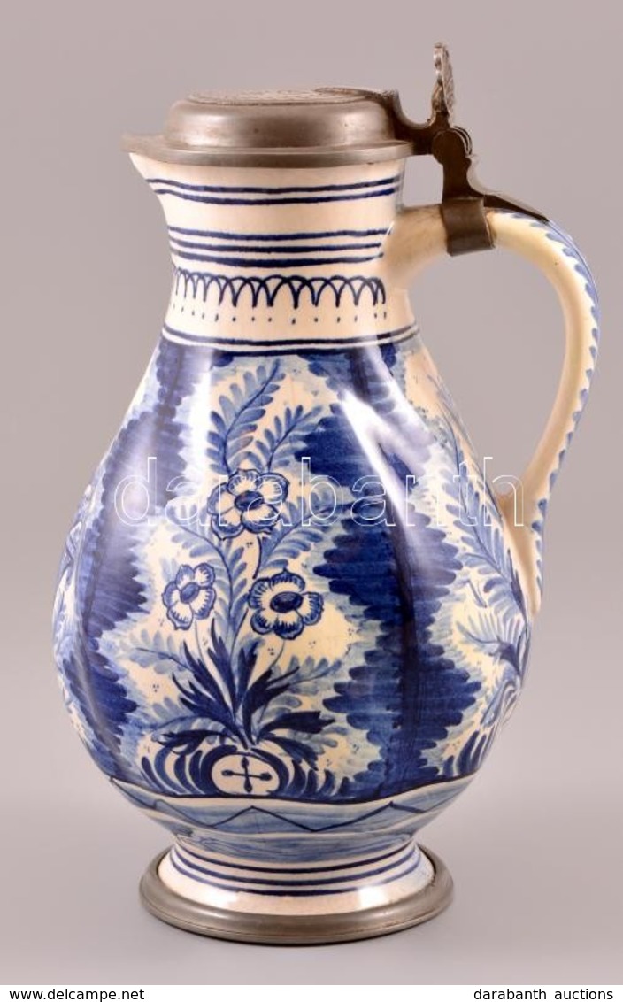 XIX. Sz. Első Fele: MS Jelzéssel  ónfedeles Céh Kancsó. Festett, Mázas Kerámia, Lepattanással, / Guild Jar. Ceramic With - Autres & Non Classés