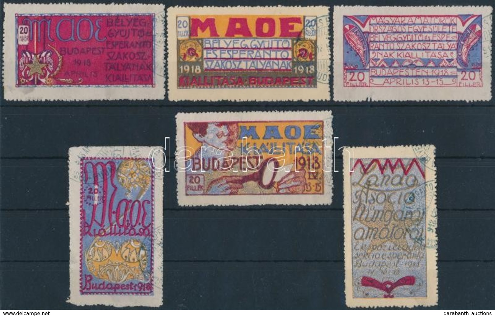 1918 6 Db Szecessziós Levélzáró A MAOE Bélyeggyűjtő és Eszperantó Kiállításról / Labels From MAOE Exhibition - Non Classés
