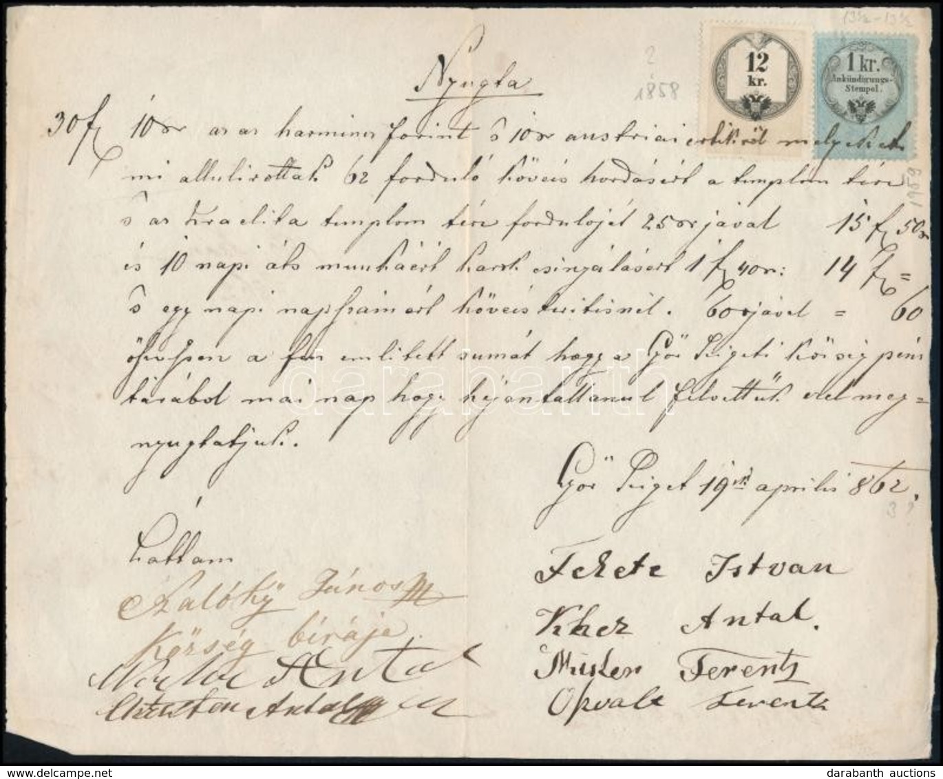 1862 Nyugta 1858 12kr + 1859 1kr Hirdetménybélyeggel - Zonder Classificatie