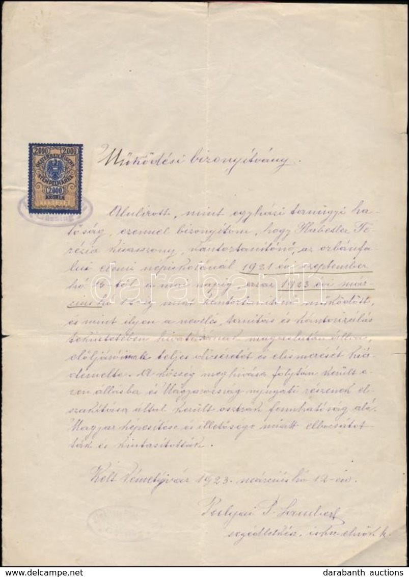 1923 Működési Bizonyítvány Osztrák 2000K  + Magyar 5k Illetékbélyeggel - Non Classés