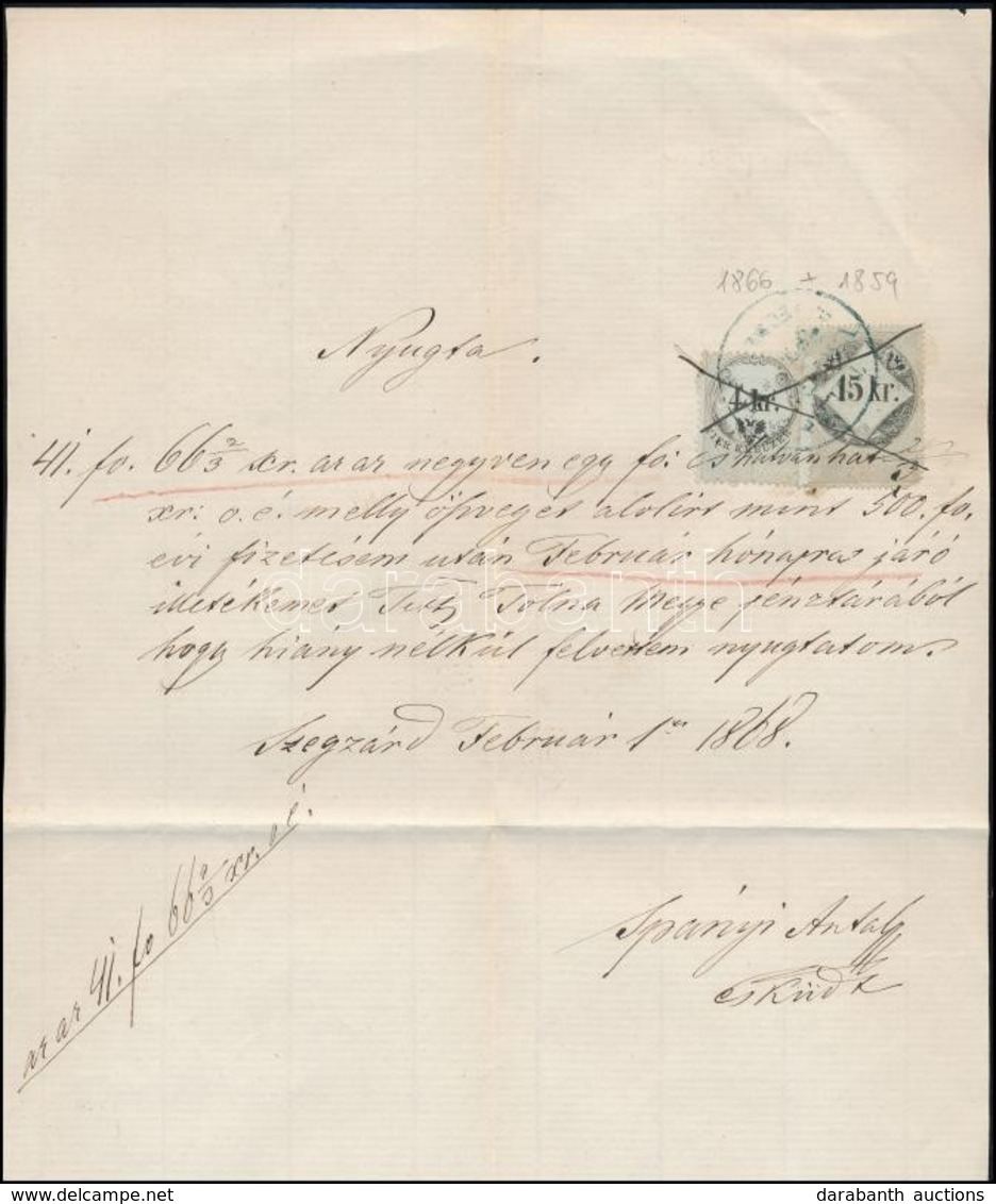 1868 Nyugta Vegyes Lerovással. 1859 15kr + 1866 4kr - Non Classés