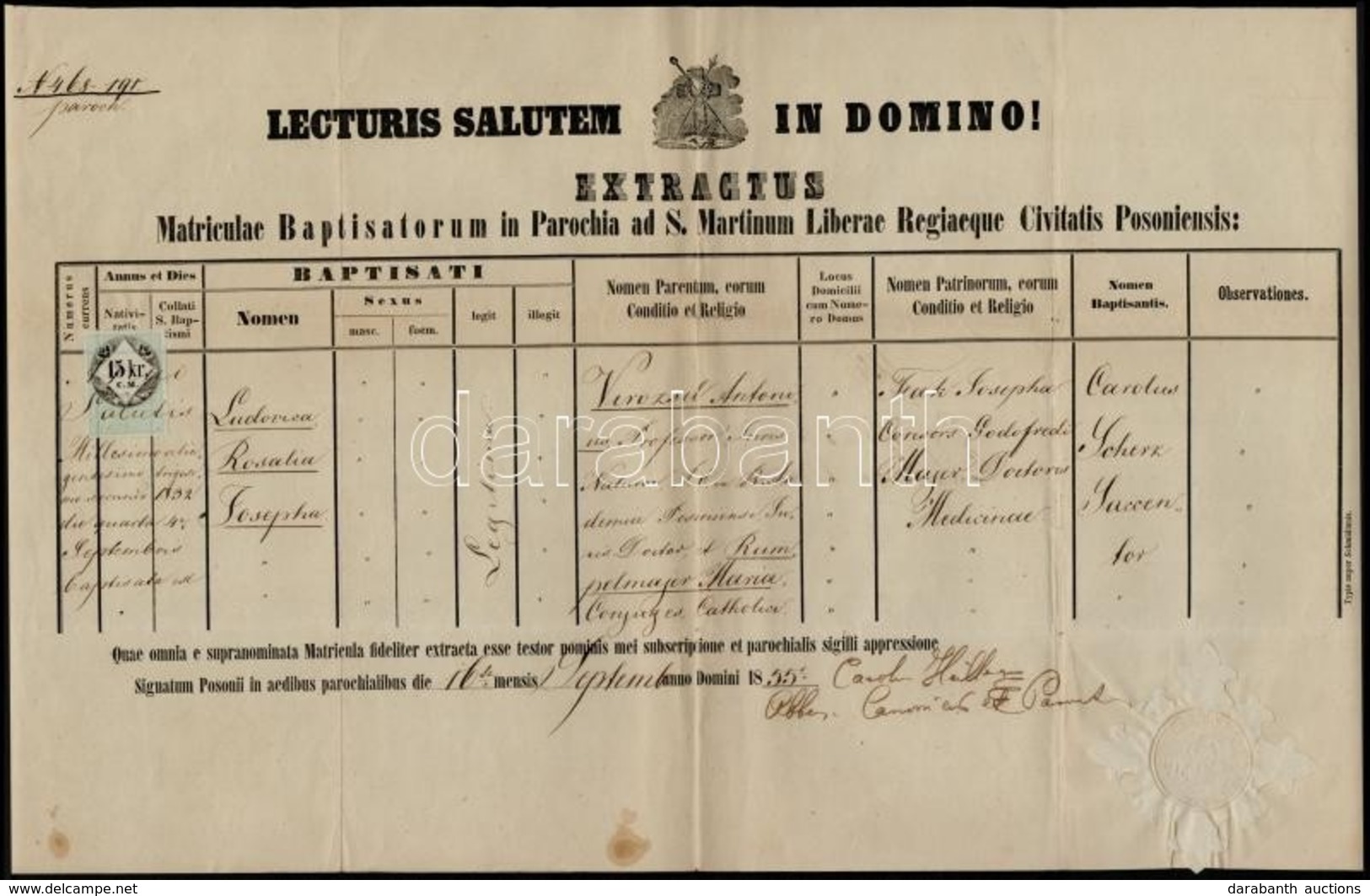 1855 Pozsony Anyakönyvi Kivonat 15kr CM Illetékbélyeggel és Szárazpecséttel - Non Classés
