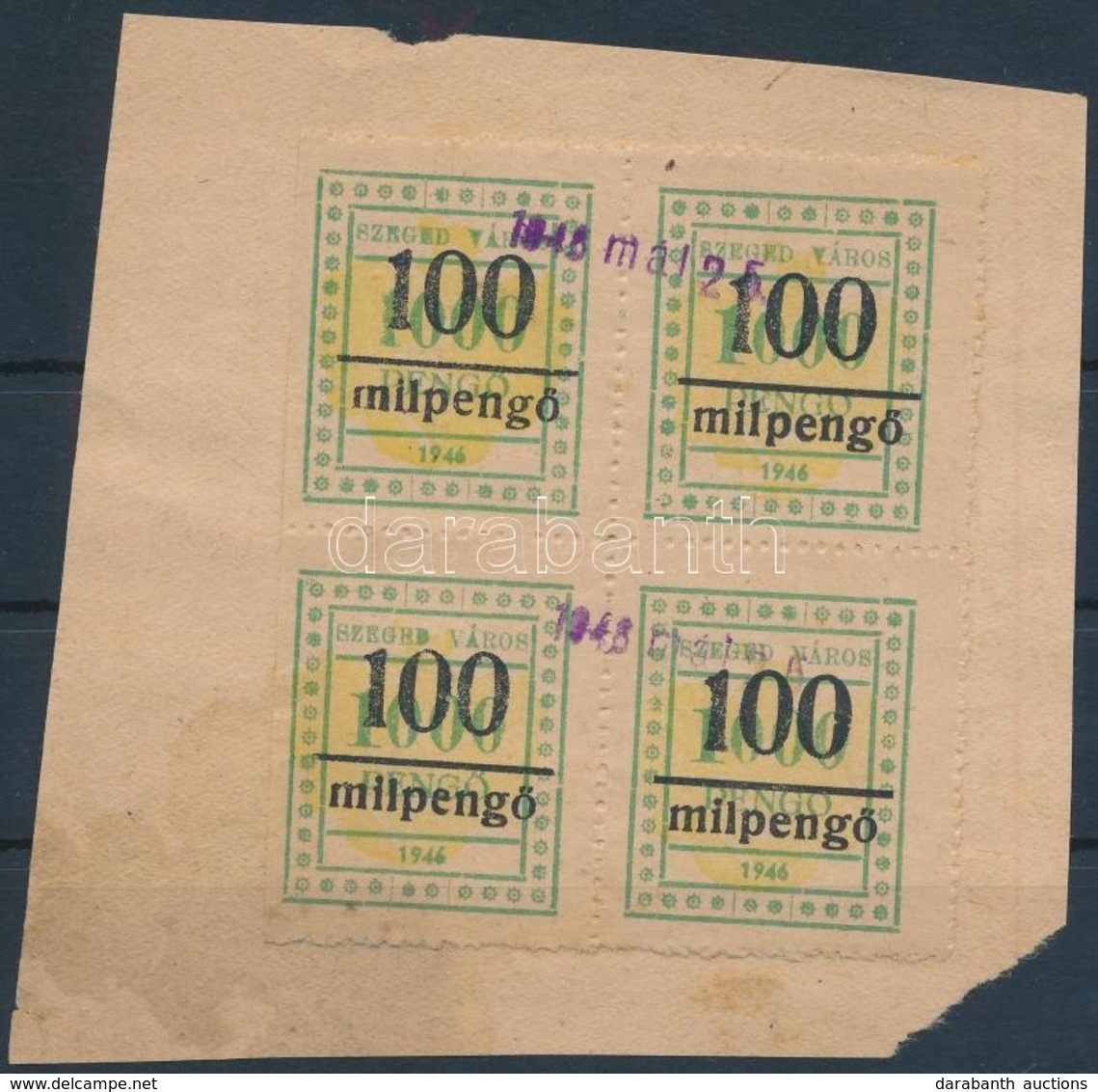 1946 Szeged Város Okirati Illetékbélyeg 100mP/1000P Négyestömb, Egy Oldalon Fogazatlan (15.000) / Block Of 4, Imperforat - Non Classés