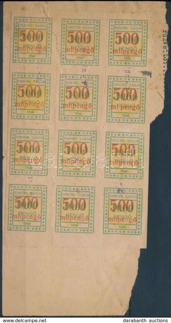 1946 Szeged Város Okirati Illetékbélyeg 500mP/1000P 12-es Tömb Vörös Felülnyomással, Egy Oldalon Fogazatlan (38.000) / B - Unclassified