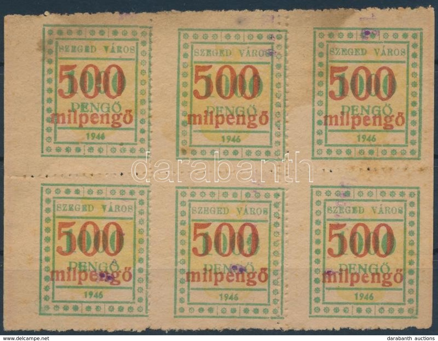 1946 Szeged Város Okirati Illetékbélyeg 500mP/1000P  Hatostömb Vörös Felülnyomással, Két Oldalon Fogazatlan (19.000) / B - Non Classés