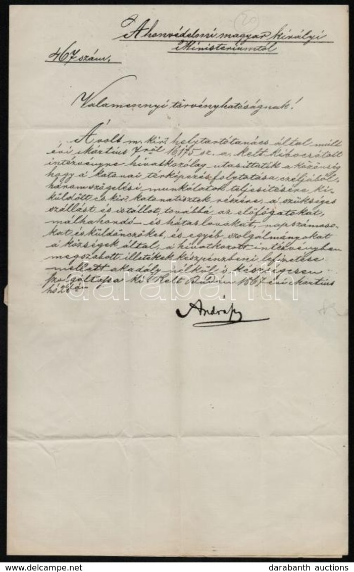 1867 A M. Kir. Honvédelmi Minisztérium Sokszorosítási Eljárással Másolt Hivatalos Levele Győr Vármegyei Törvényhatóságok - Unclassified