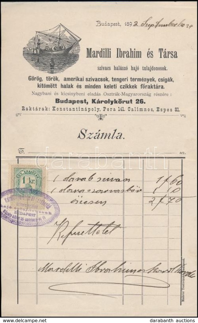 1892 Bp. Károly Körút, Mardili Ibrahim és Társa Szivacs Halászó Hajó Tulajdonosok, Tengeri Szivacs, Hal és Keleti Cikkek - Unclassified