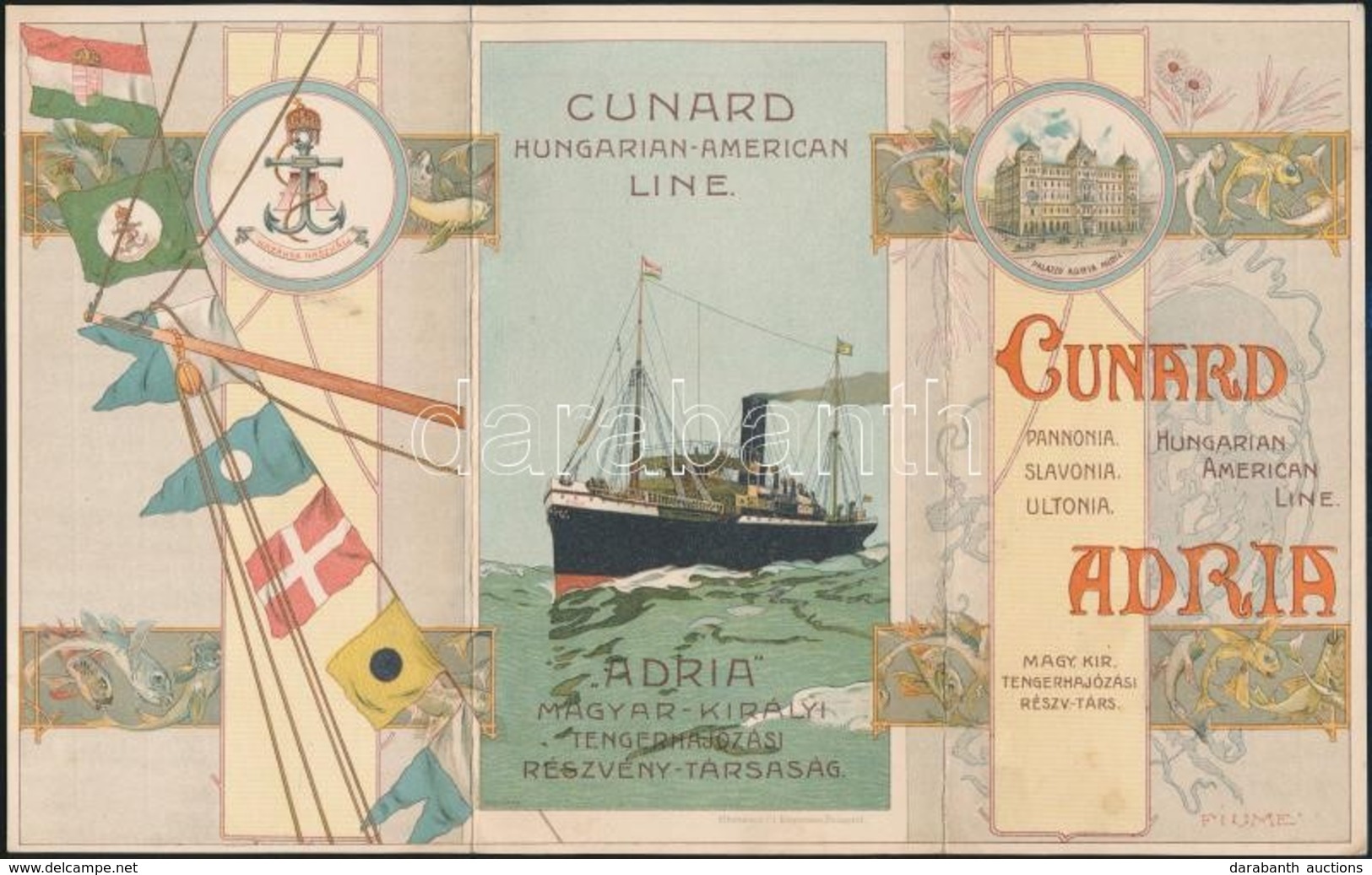 Cca 1900-1910 'Adria' Magyar Kir. Tengerhajózási Rt. -'Cunard Hungarian-American Line Színes Litografált Menetrendje, Jó - Non Classés