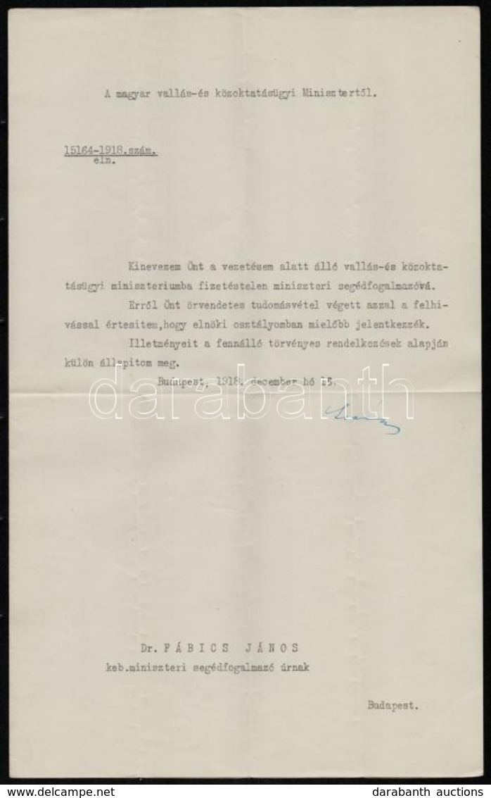 1918 Vallás és Közoktatásügyi Miniszteri Segédfogalmazói Kinevezés, 1918. Dec. 16., Lovászy Márton (1864-1927) A Károlyi - Non Classés