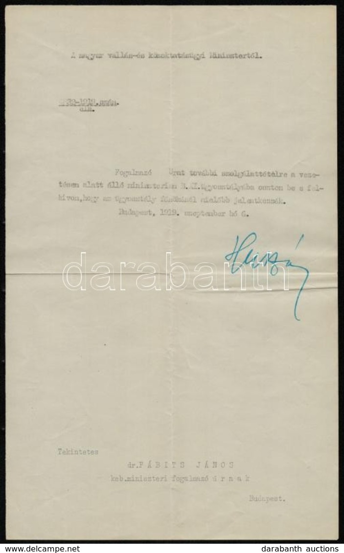 1919 Vallás és Közoktatásügyi Miniszteri Fogalmazó áthelyezési értesítése, 1919. Szept. 6., Huszár Károly (1882-1941) Va - Unclassified