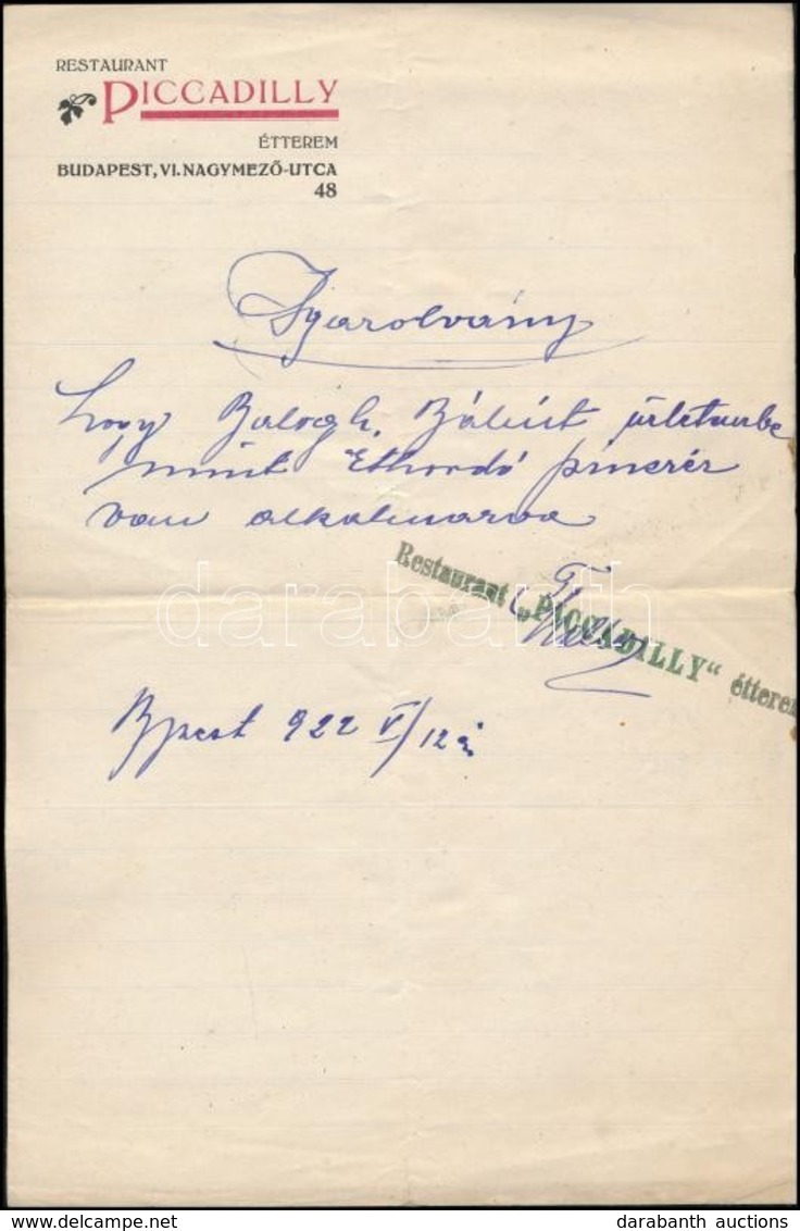 1922 A Piccadilly étterem Kézzel írt Munkaviszony-igazolása Pincére Részére, Fejléces Papíron - Non Classés