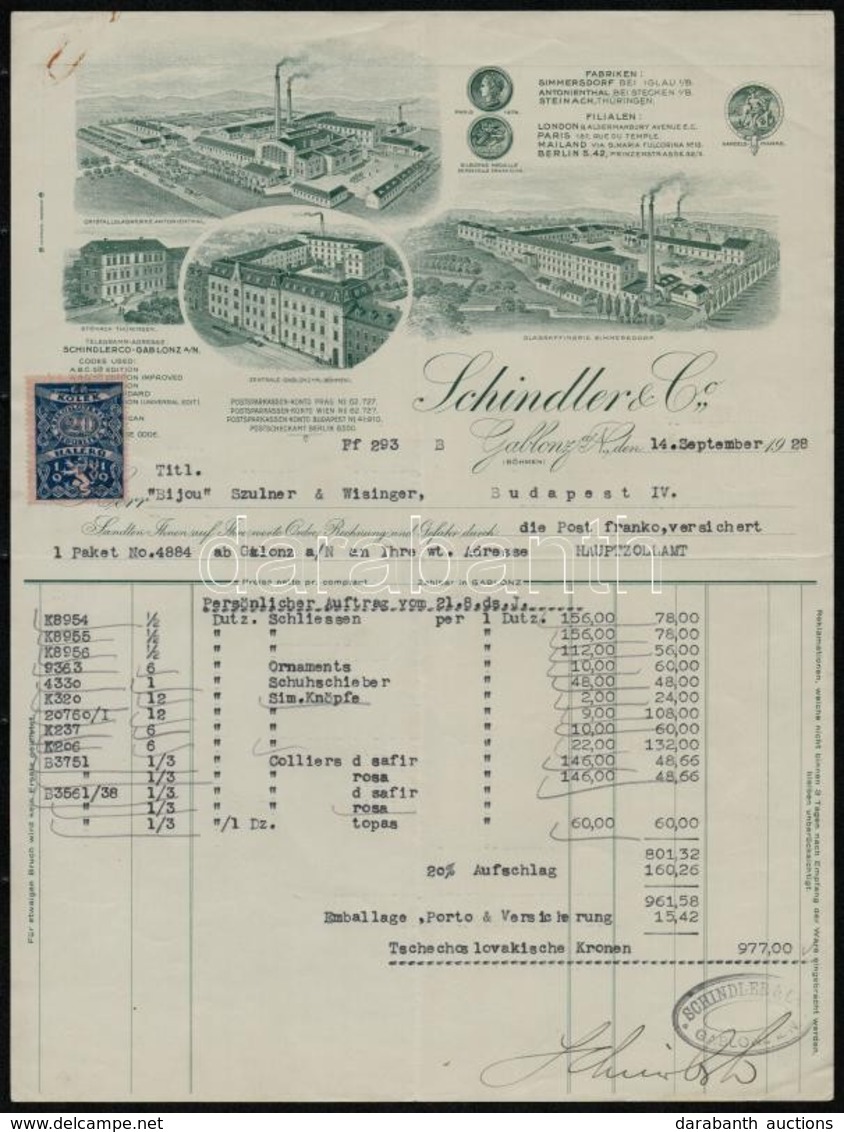 1928 Gablonz (Jablonec, Csehország), Schindler & Co. Dekoratív Fametszetes Német Nyelvű Számla, Okmánybélyeggel - Ohne Zuordnung